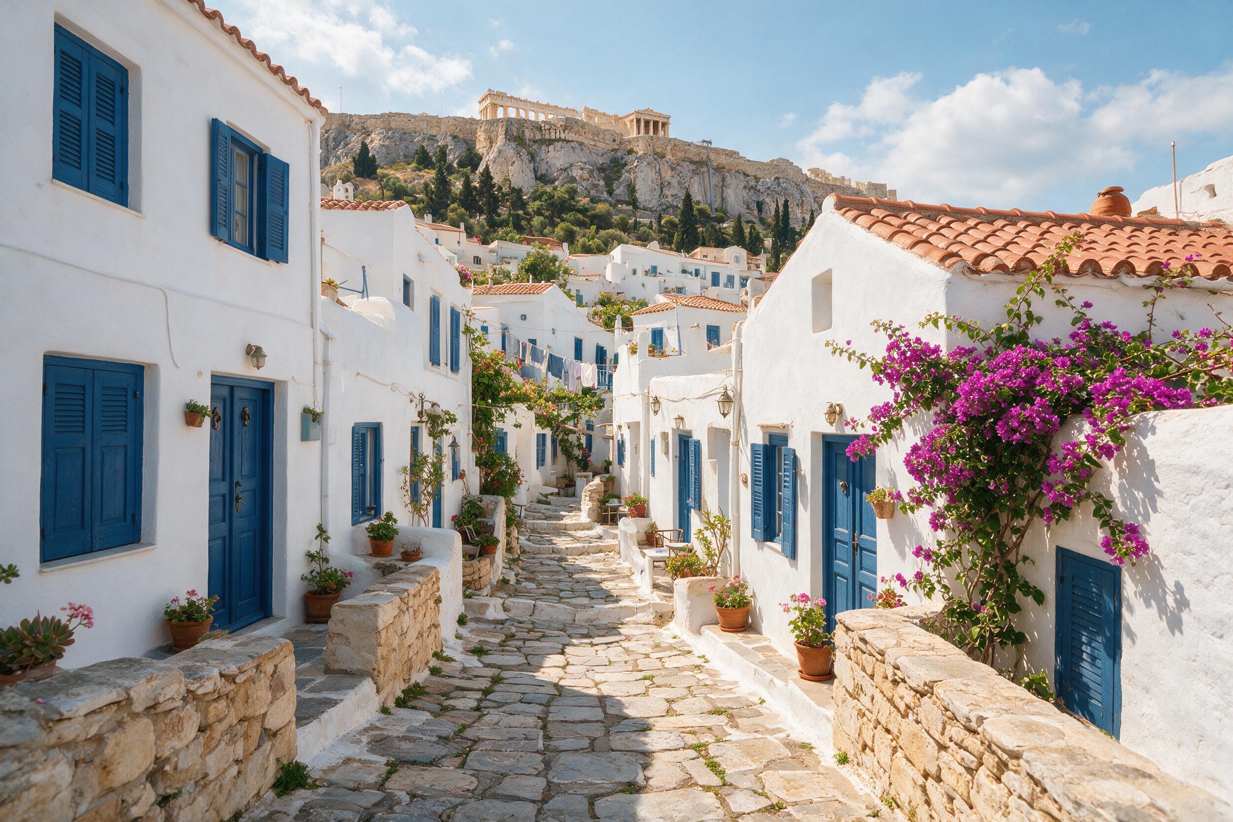 Whitewashed houses and bougainvillea in the Anafiotika neighborhood below the Acropolis