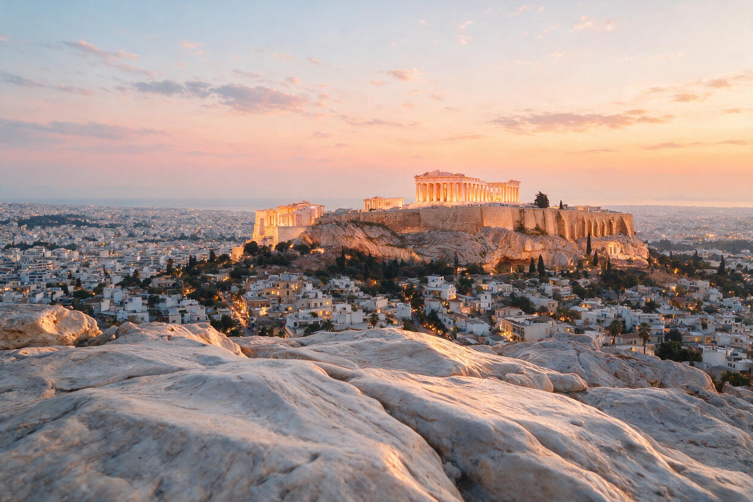 Sunset view of the Acropolis from Areopagus Hill in Athens