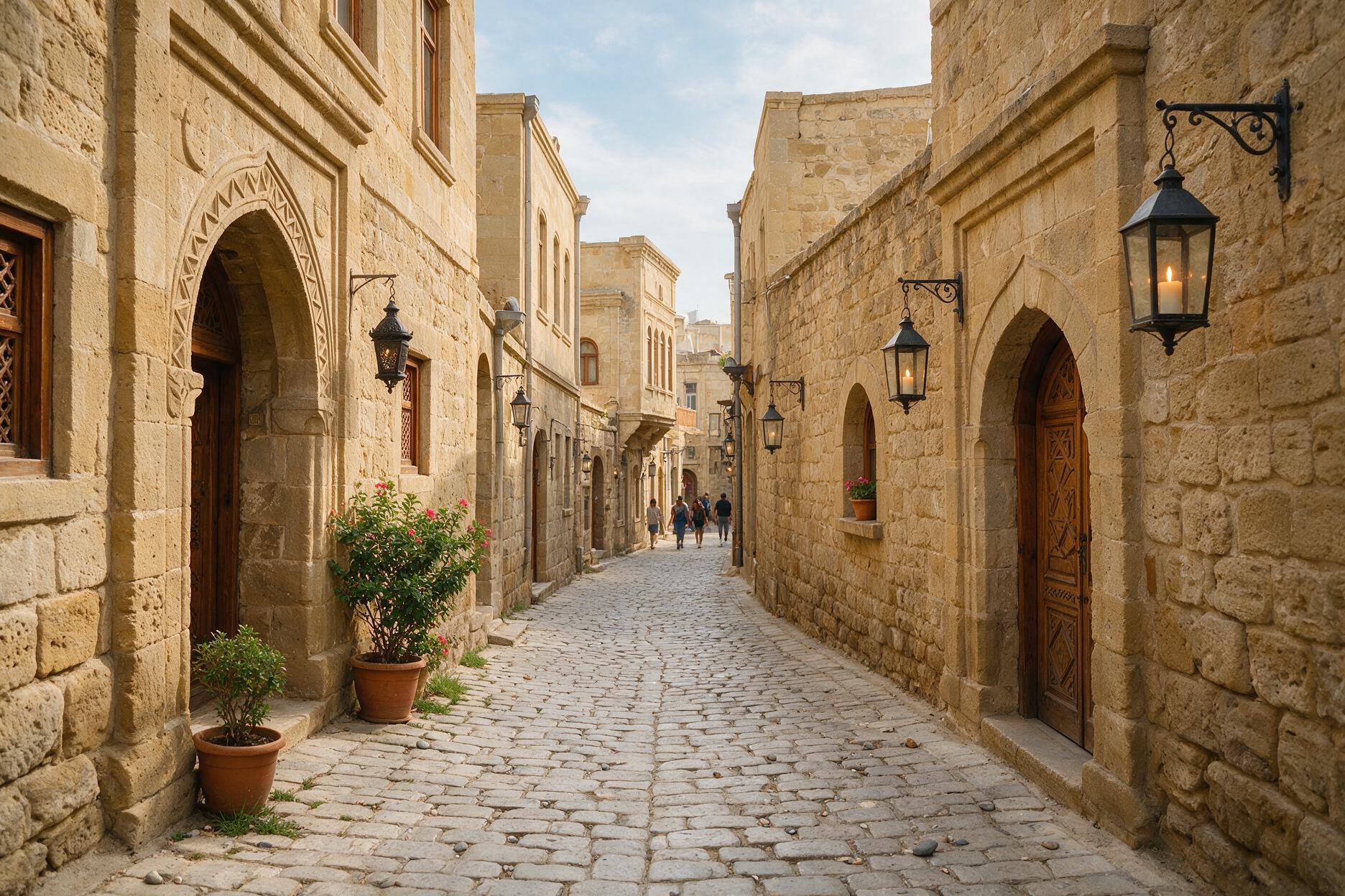 Narrow stone alley in Baku's Old City Icherisheher with hanging lanterns