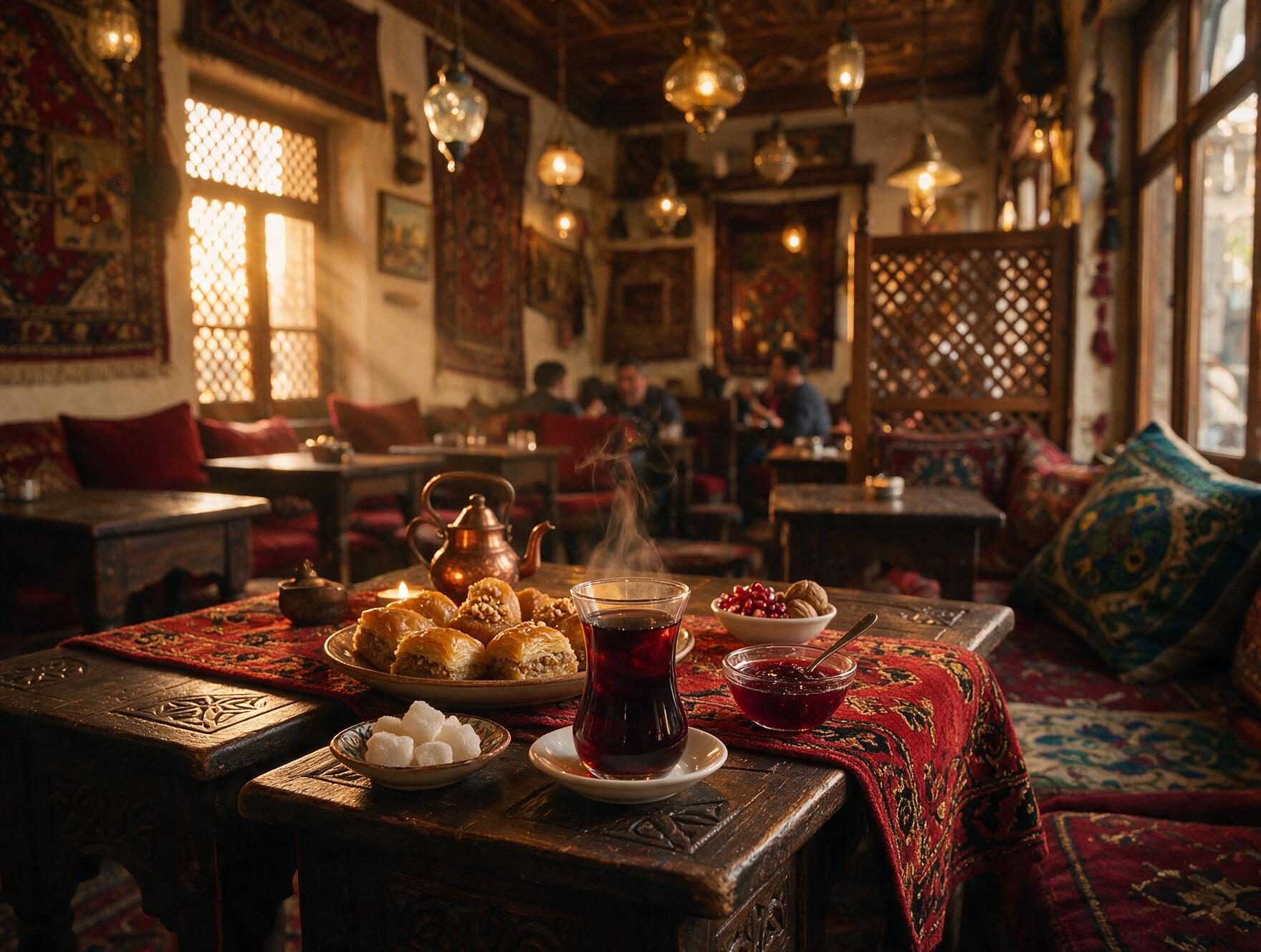 Traditional Azerbaijani tea served in a pear-shaped armudu glass with pastries
