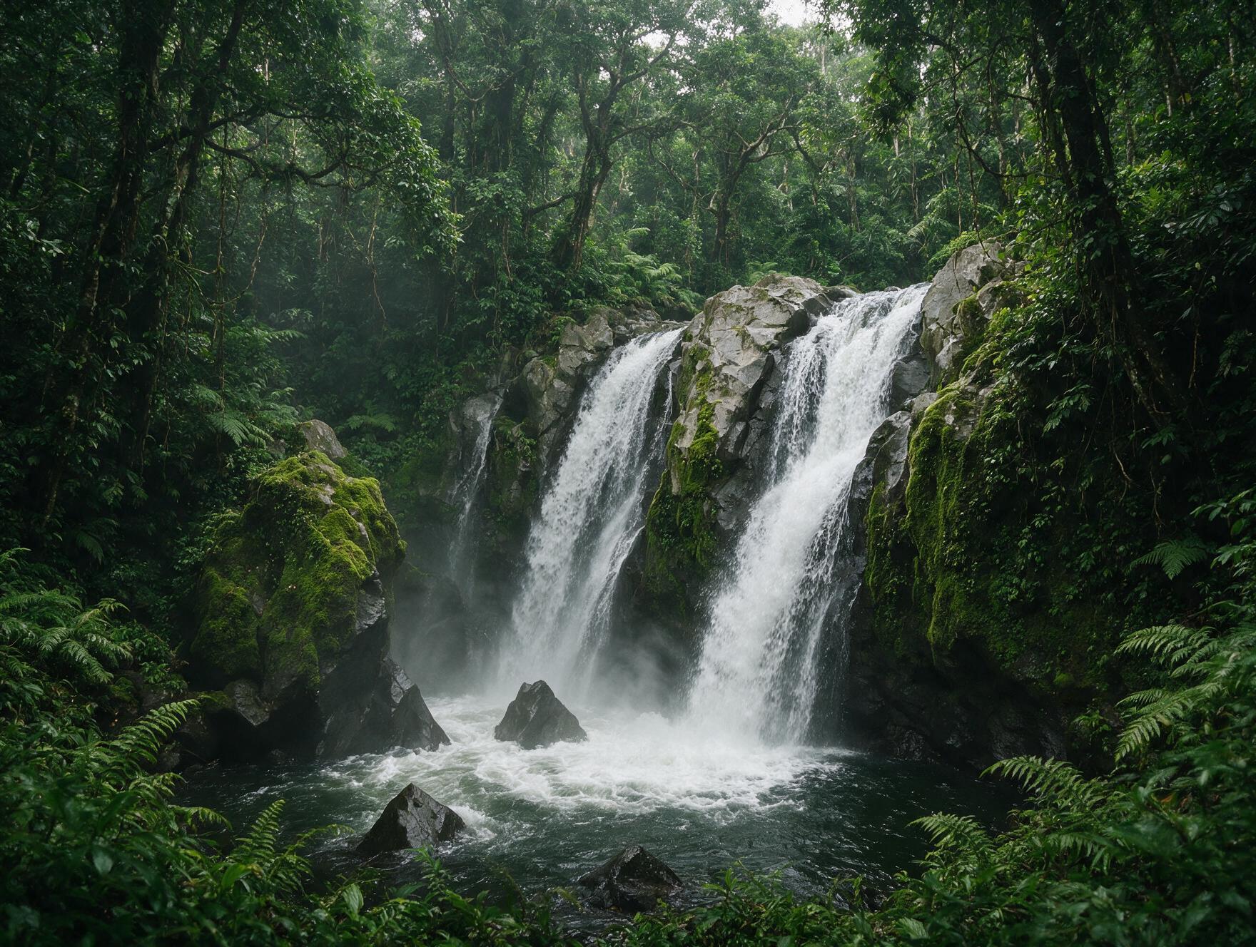 Waterfall in the misty jungle hills of Munduk, North Bali