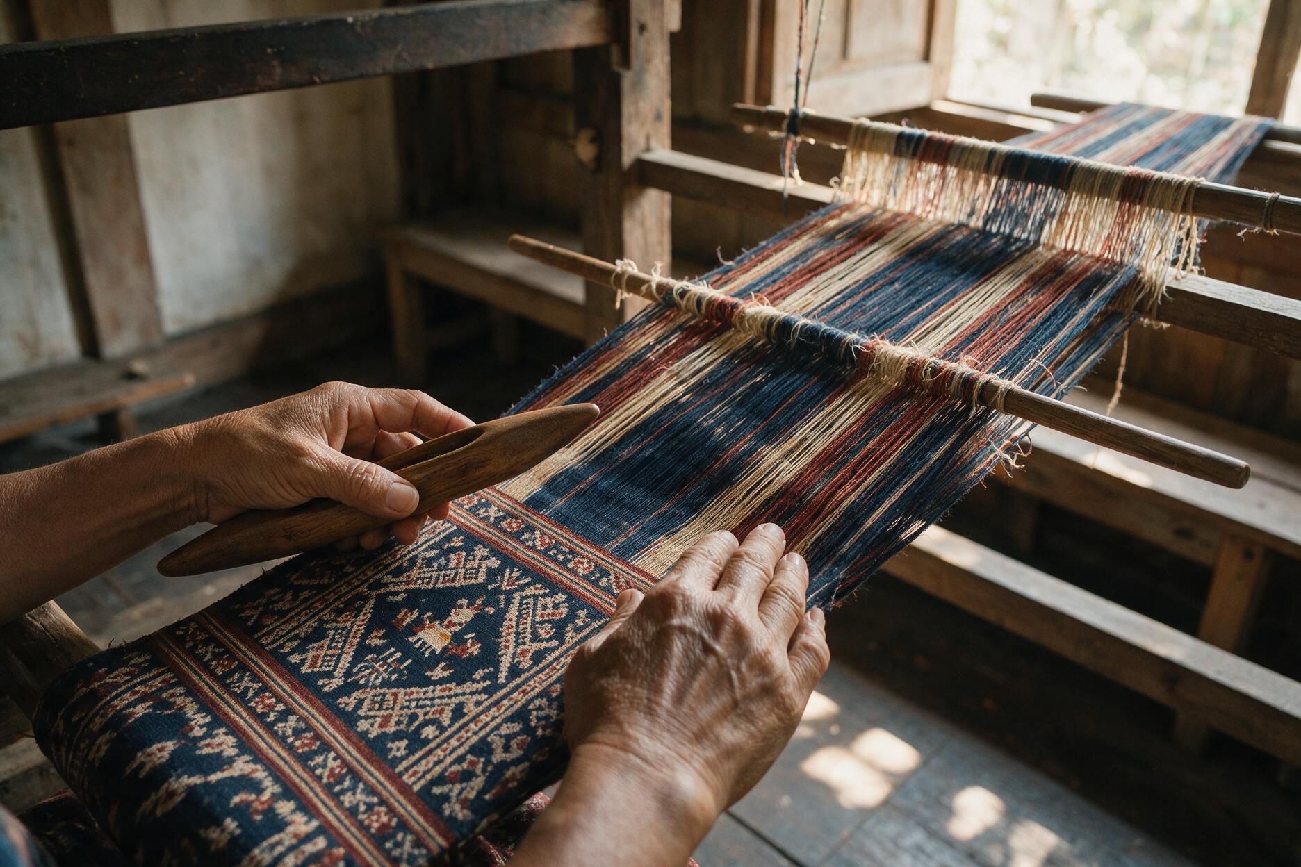 Traditional double ikat weaving process in Tenganan village, East Bali