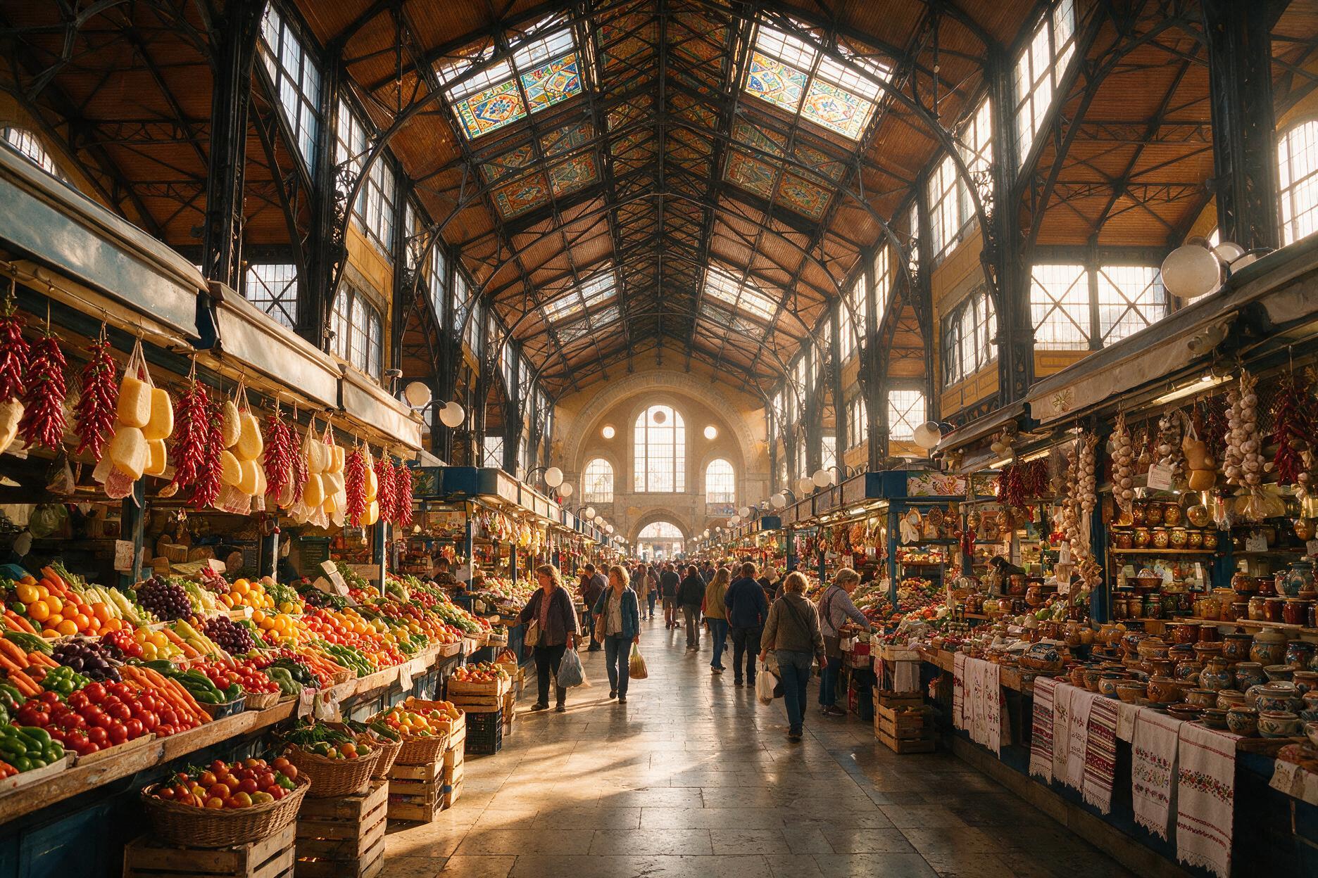 Interior of Budapest's Great Market Hall with iron-and-glass architecture and market stalls