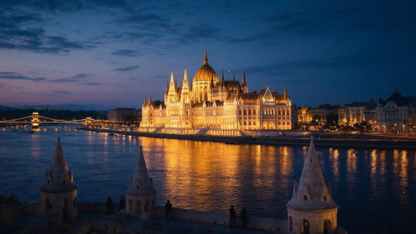 Hungarian Parliament building lit up at sunset, viewed across the Danube from Fisherman's Bastion