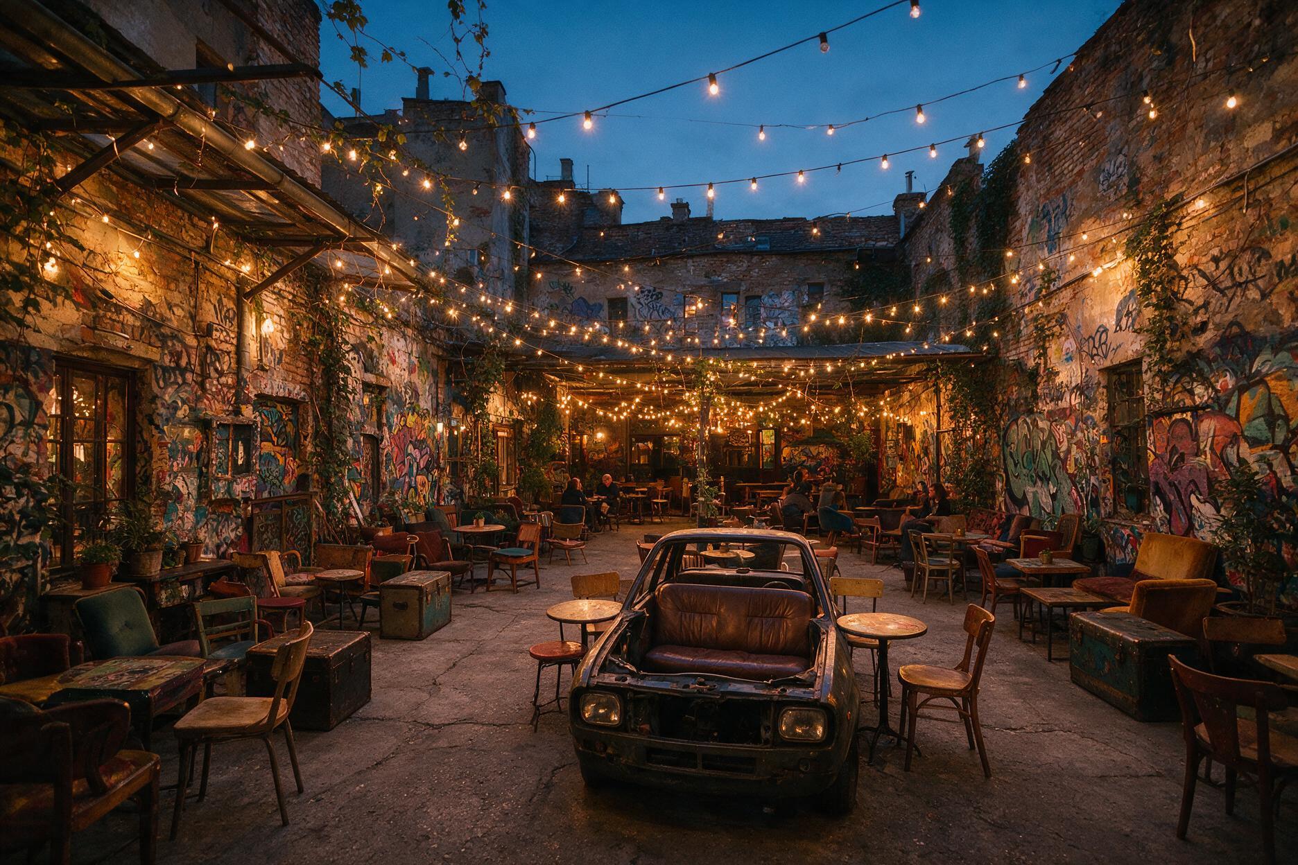 Szimpla Kert style ruin bar courtyard in Budapest with string lights and eclectic furniture