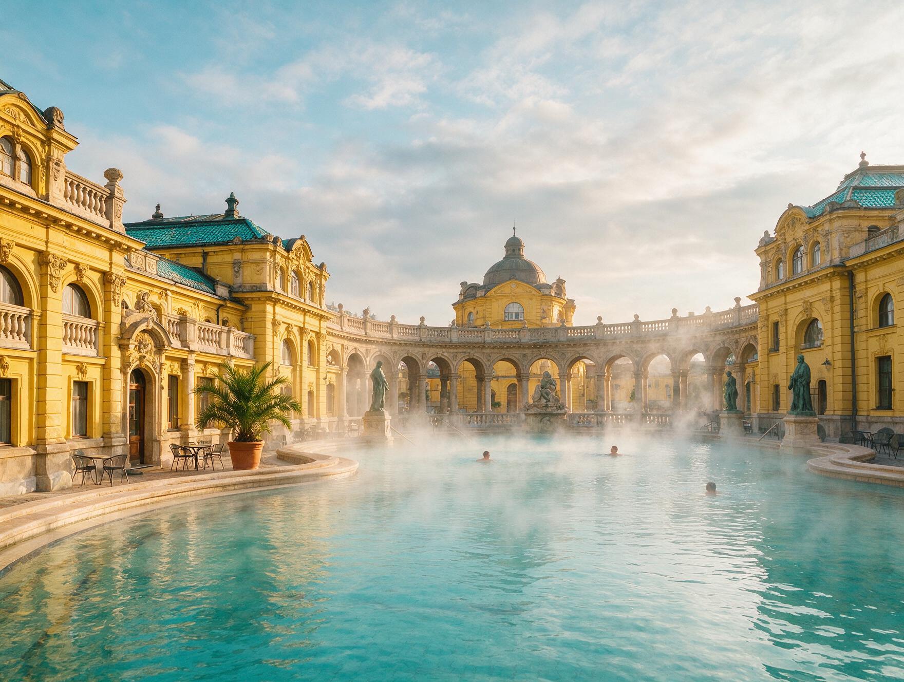 Outdoor thermal bath pool in Budapest with steam rising in morning light