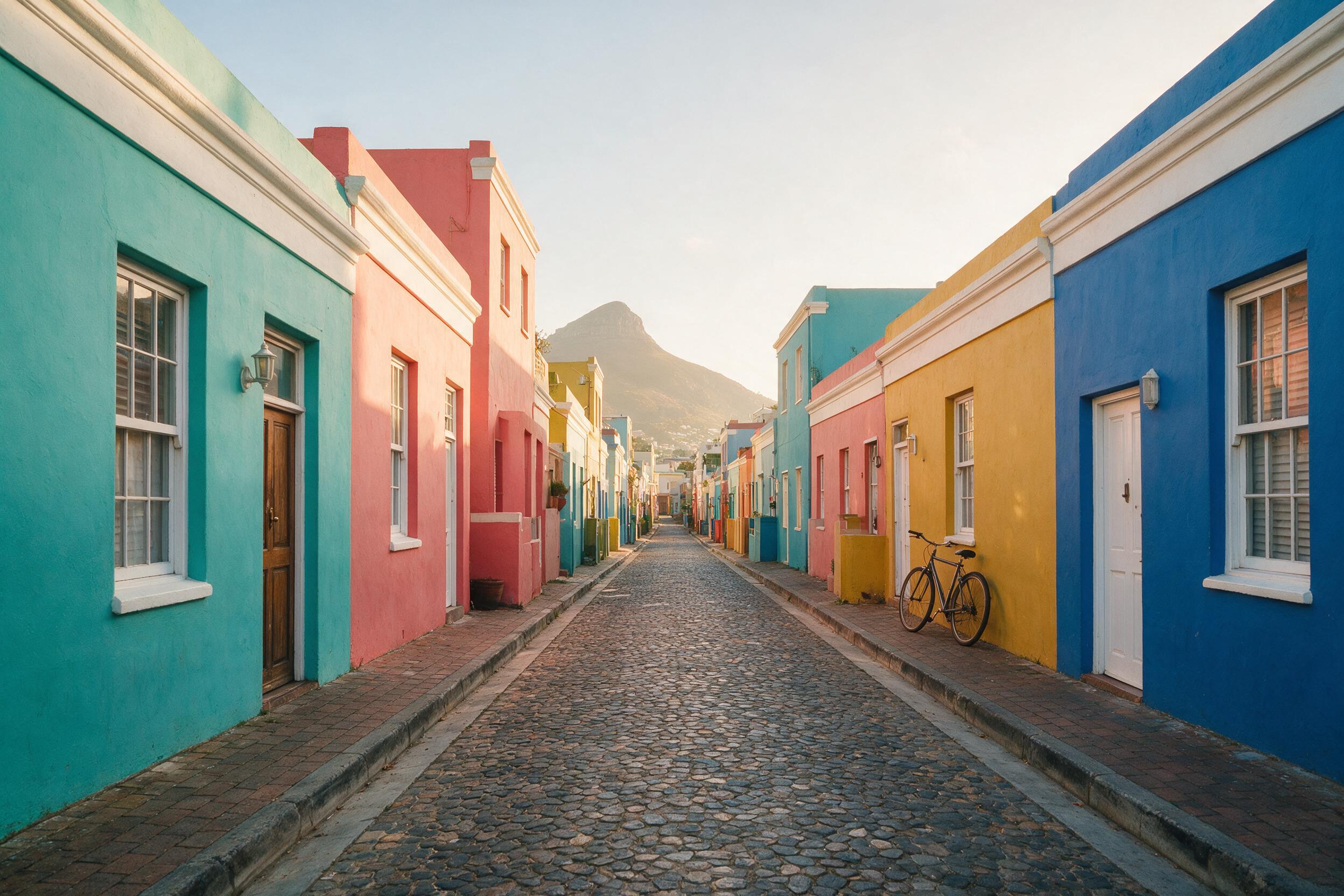 Colourful houses on a cobbled street in Bo-Kaap, Cape Town