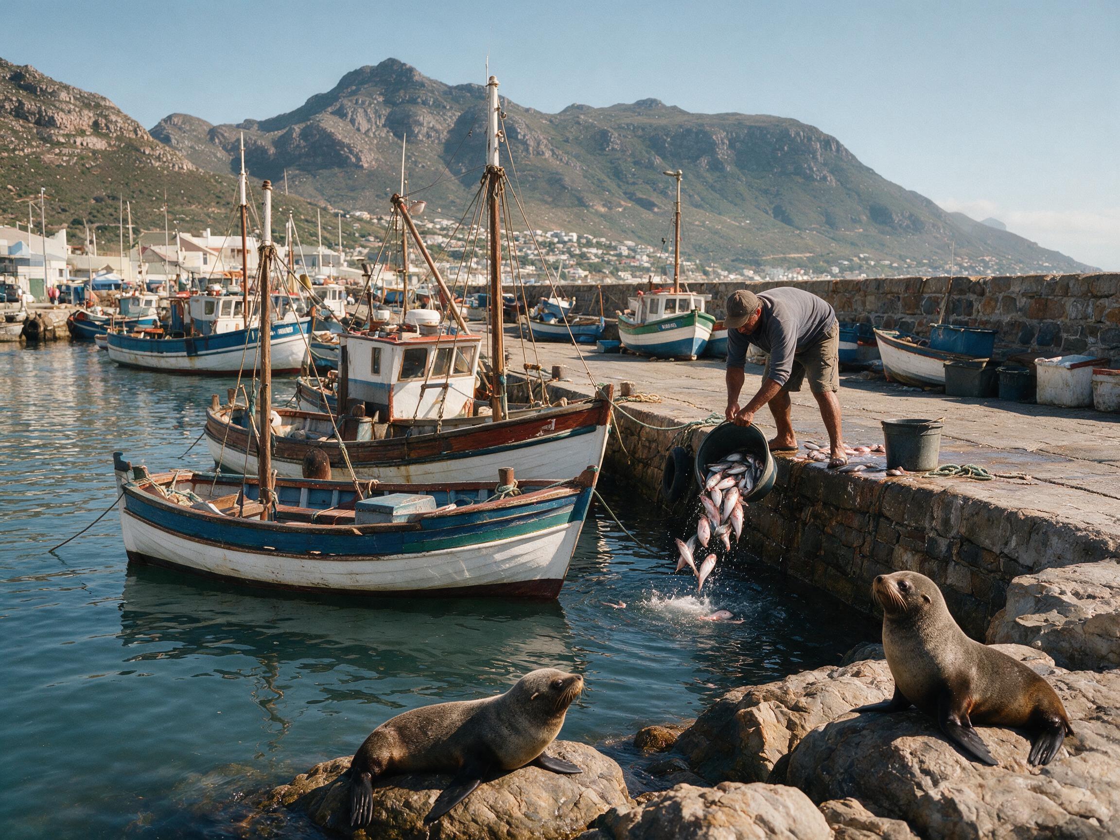 Fishing boats and fresh catch at Kalk Bay harbour near Cape Town