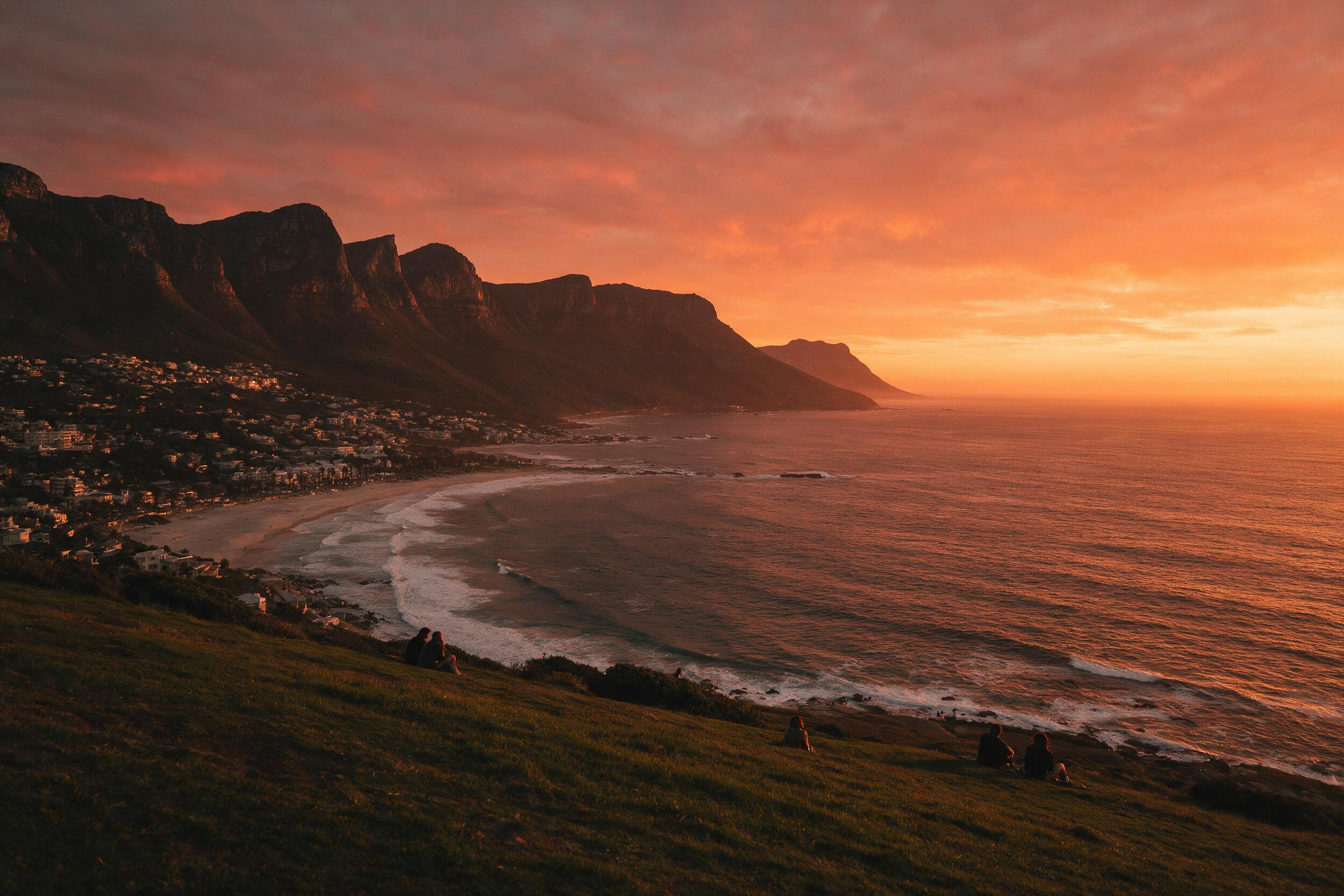 Sunset over Camps Bay and the Twelve Apostles seen from Signal Hill, Cape Town