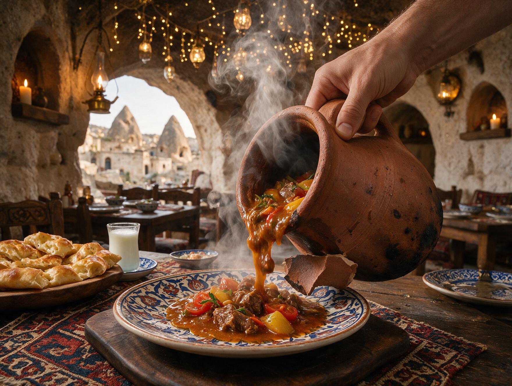 Testi kebab clay pot cracked open tableside at a Cappadocia restaurant