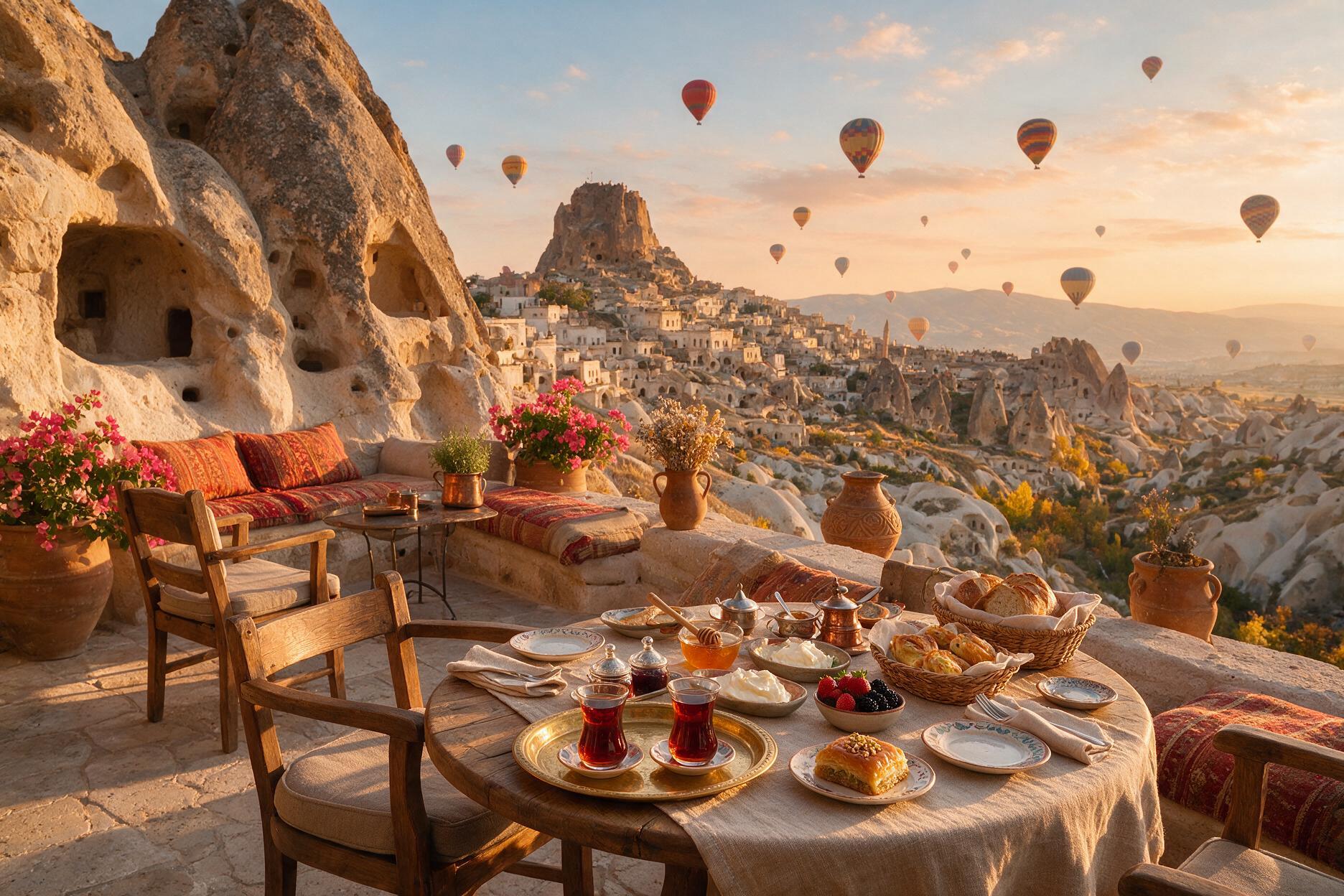 Cave hotel breakfast terrace in Uçhisar overlooking Cappadocia at sunrise