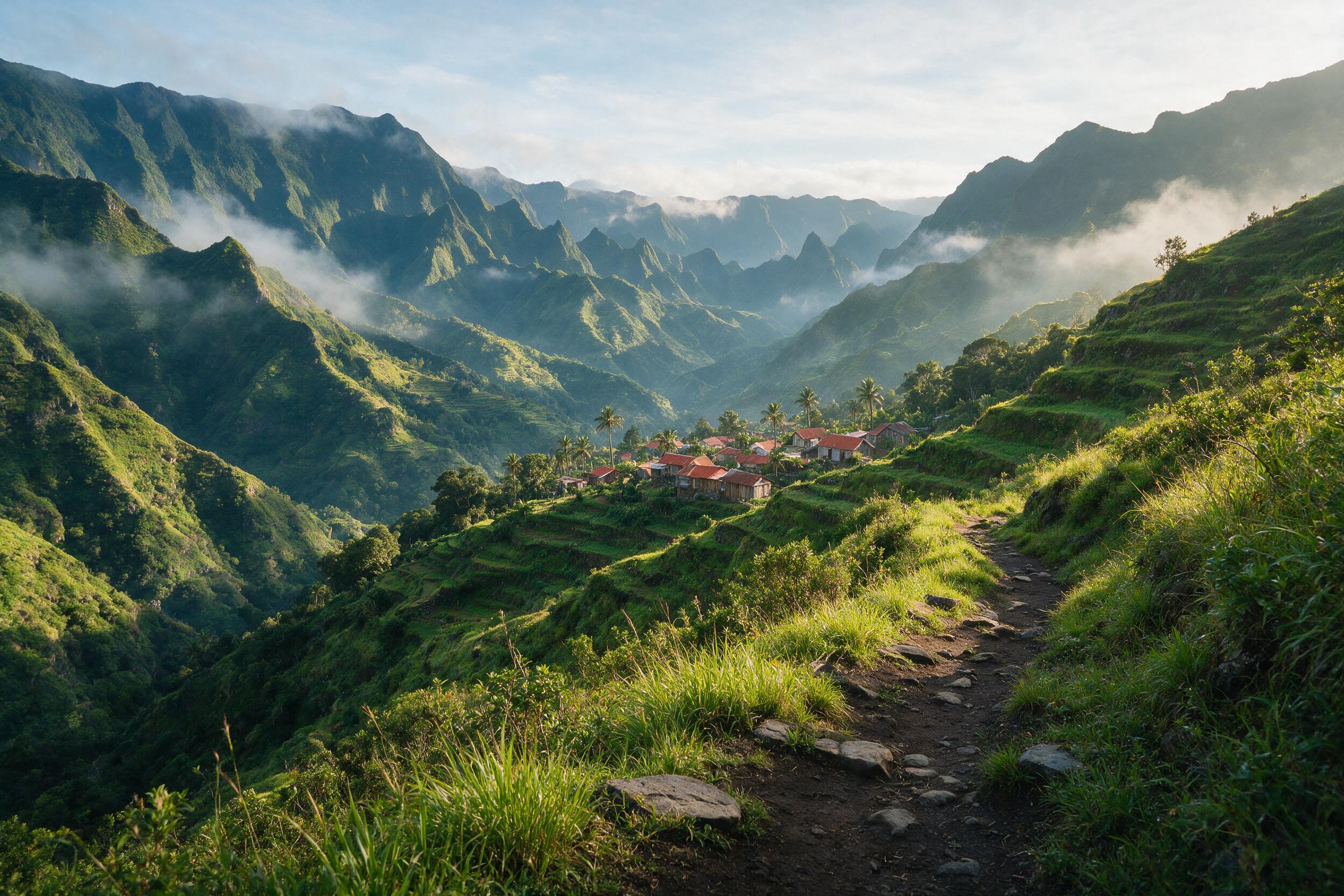 Hiking trail through Cirque de Mafate with a remote village in the valley, Réunion Island