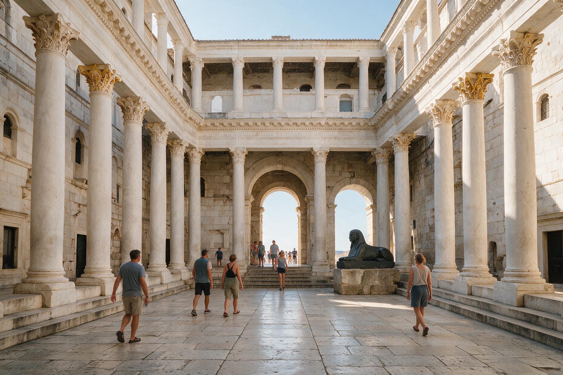 Ancient Roman columns and sphinx statue in the Peristyle courtyard of Diocletian's Palace in Split