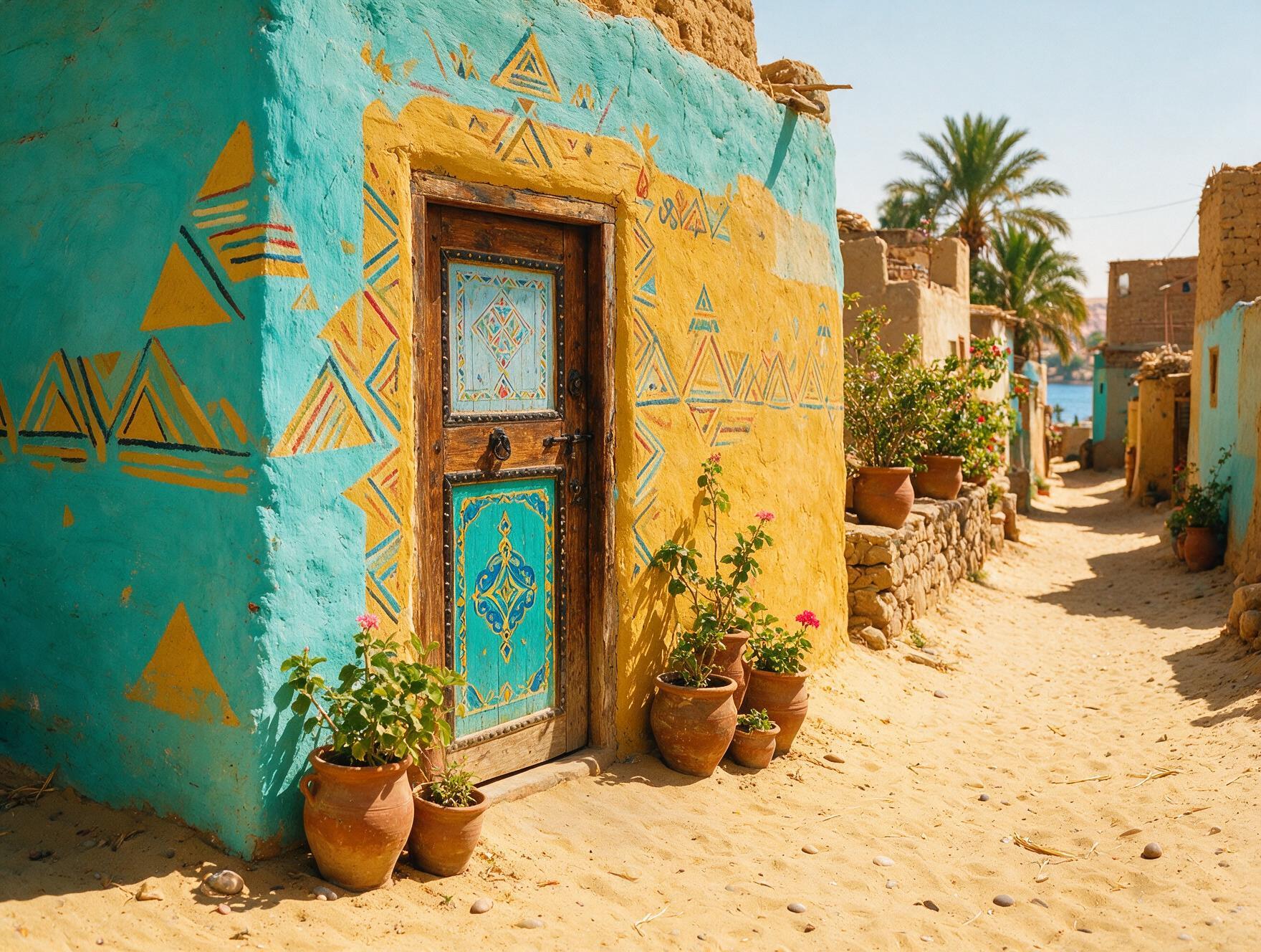 Colorful painted house in a Nubian village near Aswan, Egypt, showing local culture away from the usual tourist trail