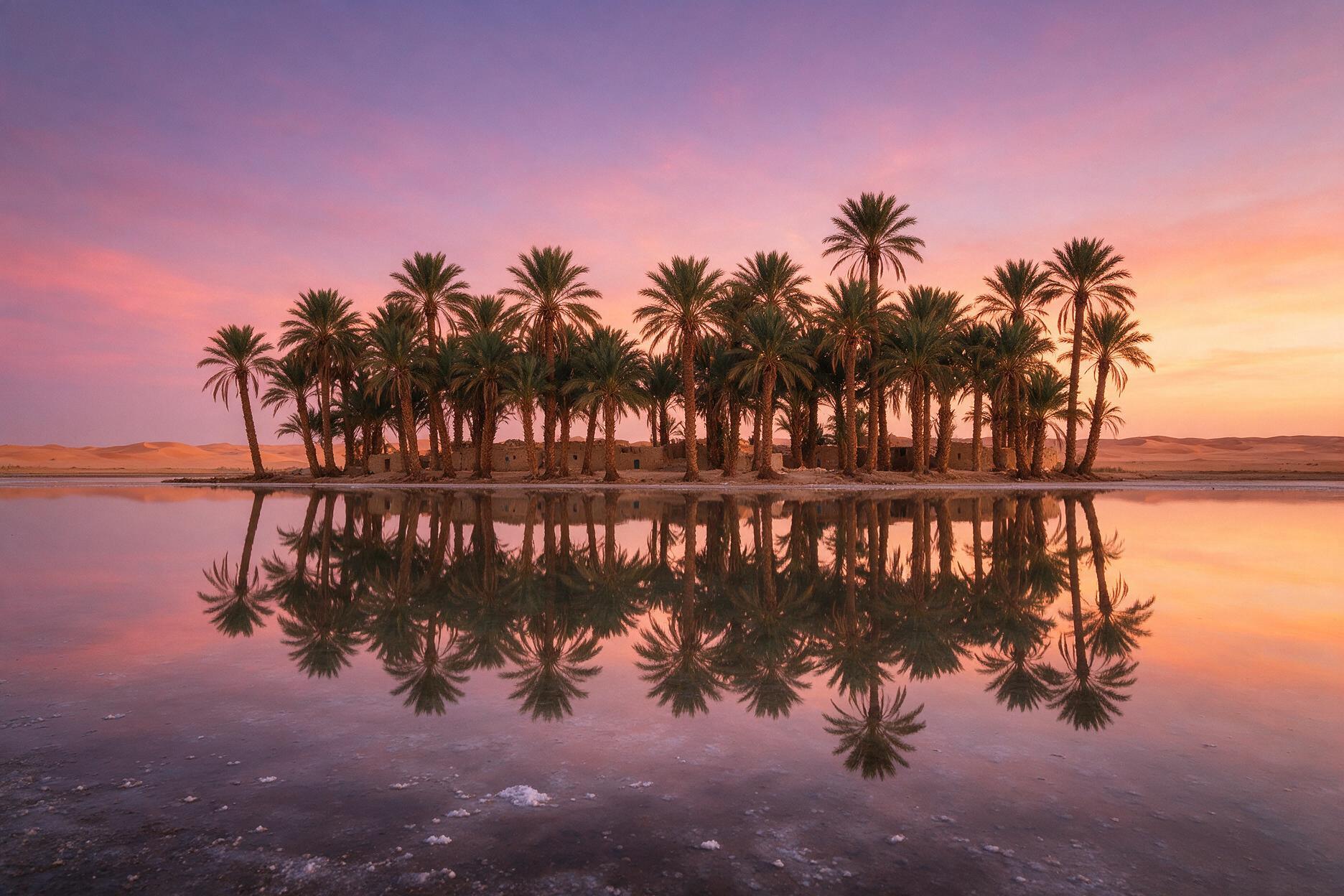 Siwa Oasis salt lake reflecting palm trees and sunset sky, a hidden gem in Egypt's western desert