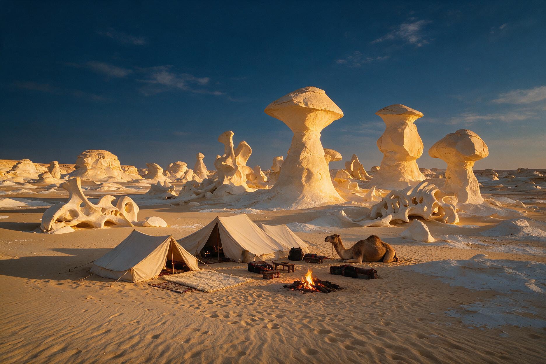 White Desert Egypt chalk rock formations and a Bedouin desert camp at sunset, a top hidden gem near Bahariya Oasis