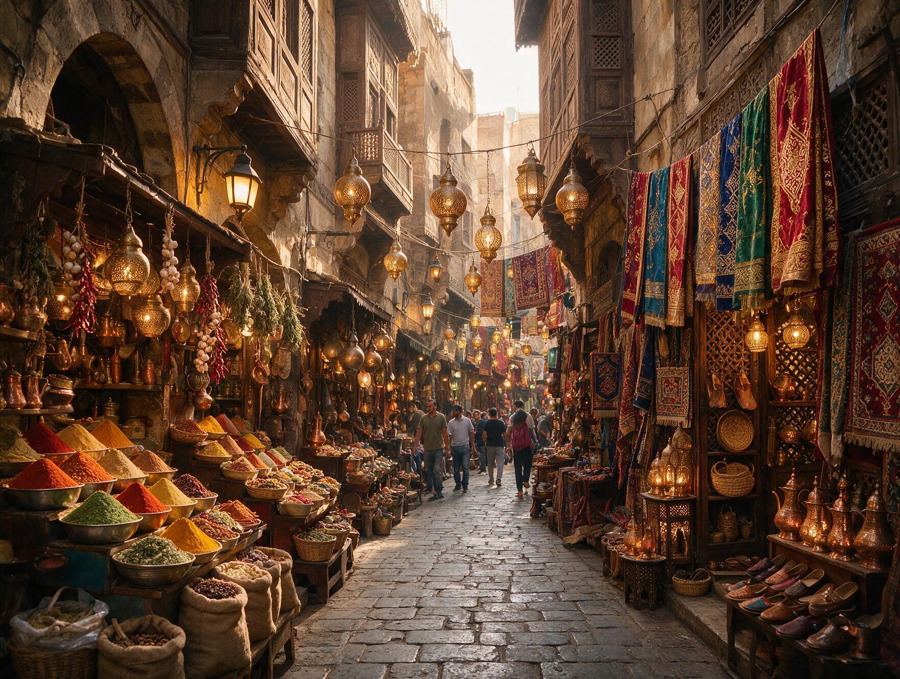 Khan el-Khalili bazaar in Islamic Cairo with lanterns and spice stalls