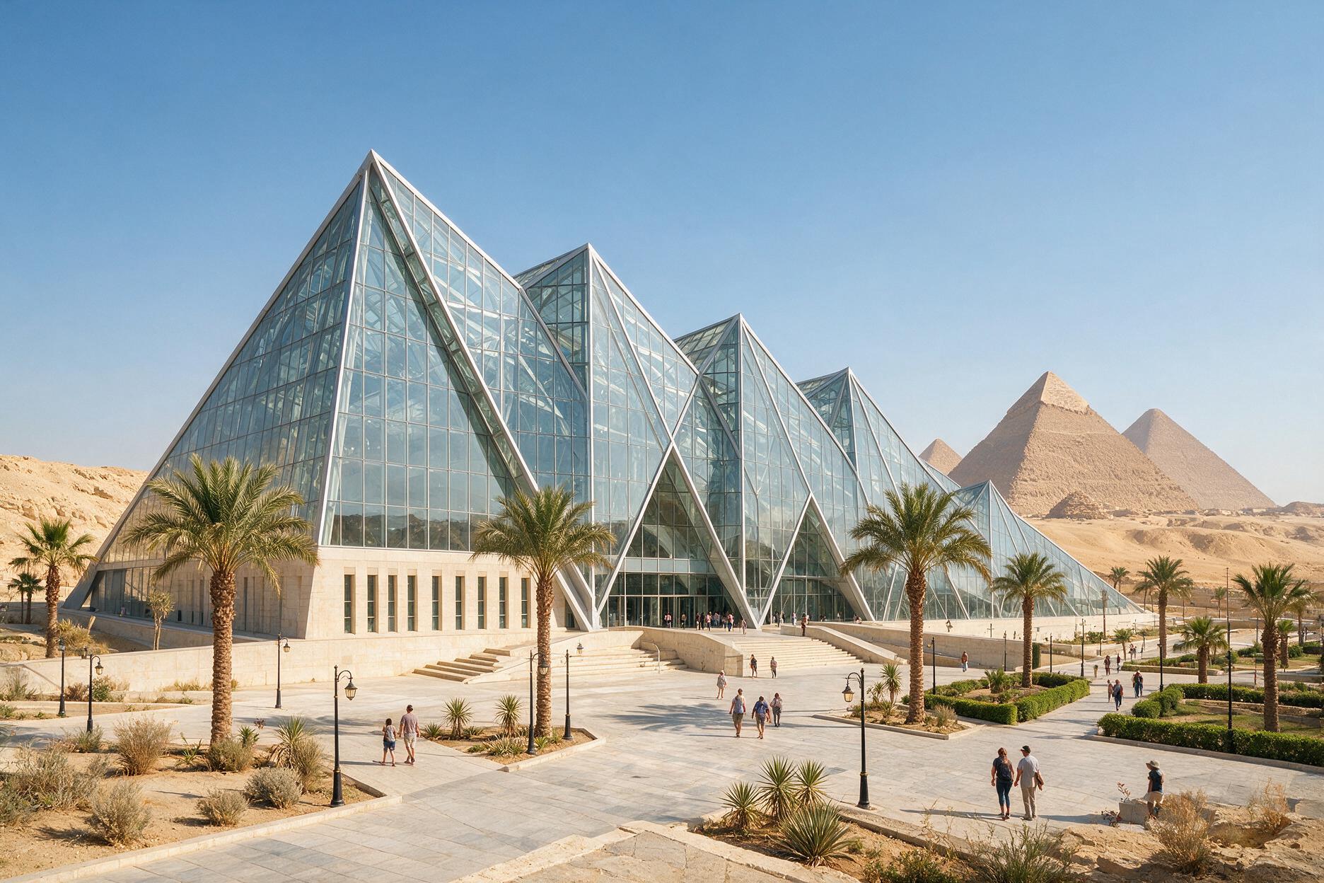 Grand Egyptian Museum exterior near Cairo with triangular glass facade echoing the pyramids