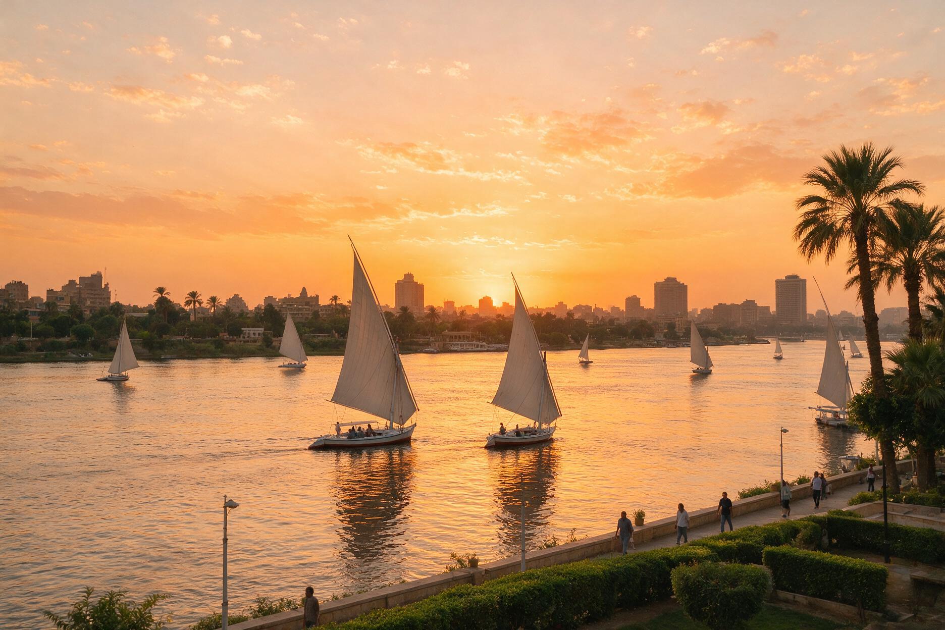 Felucca sailboats on the Nile River at sunset near Zamalek, Cairo
