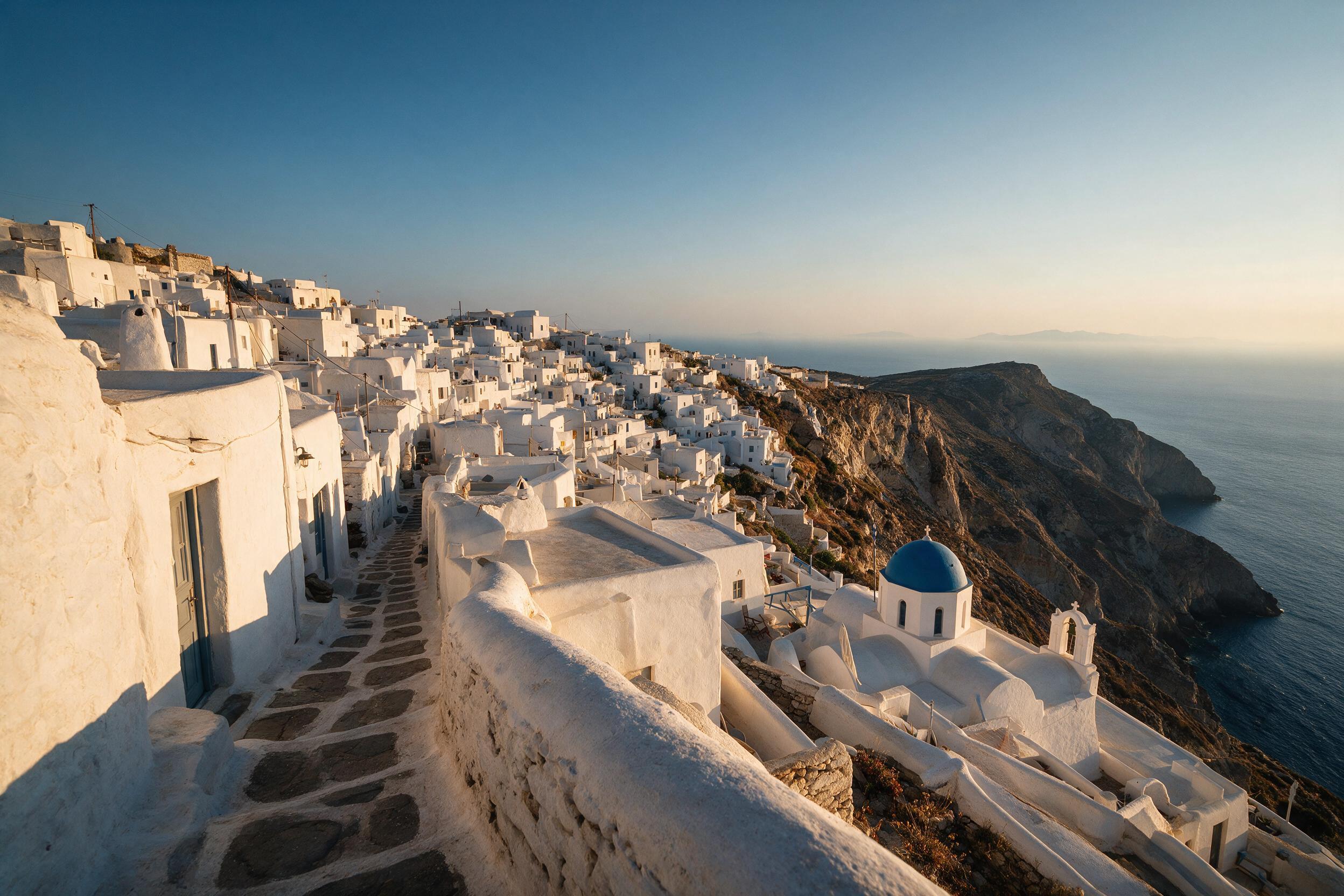 Whitewashed clifftop village of Folegandros Chora in Greece at golden hour