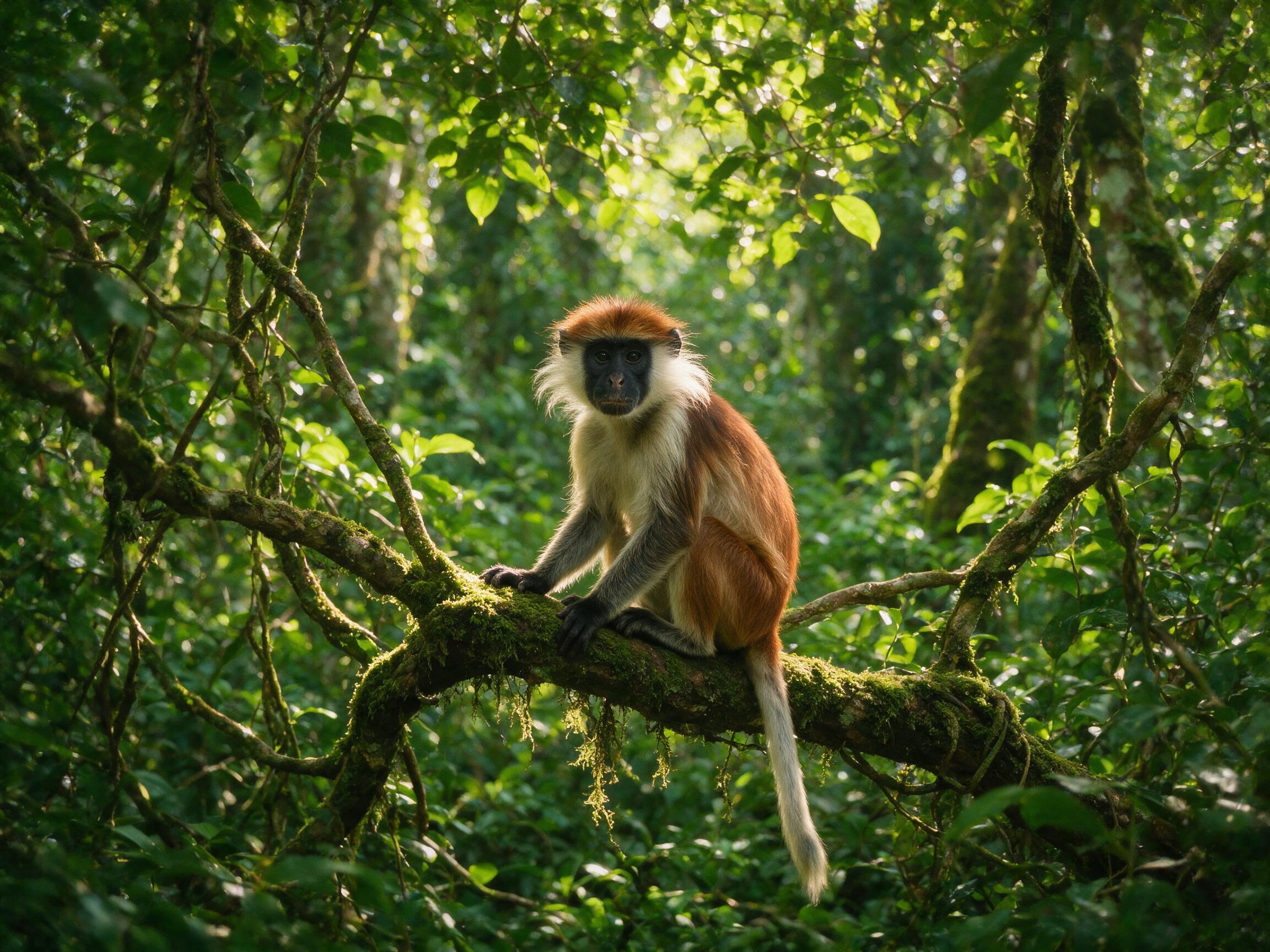 Western Red Colobus monkey in the gallery forest at Abuko Nature Reserve, The Gambia