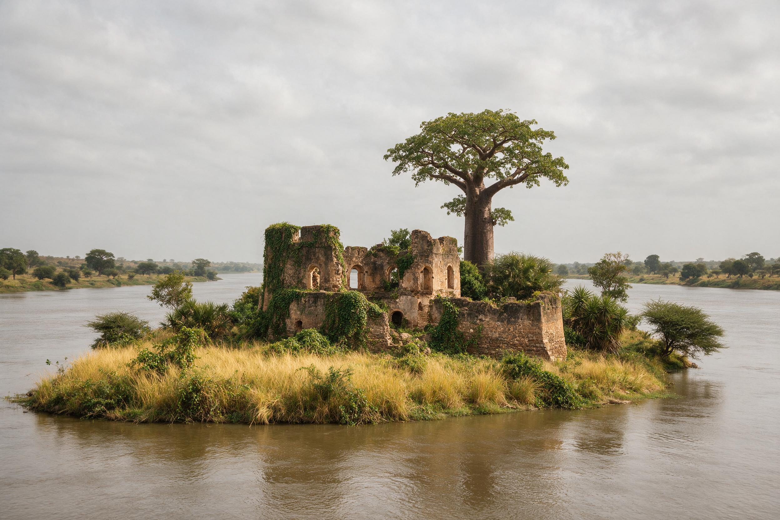 Weathered ruins of the fort on Kunta Kinteh Island in the middle of the Gambia River, a UNESCO World Heritage Site