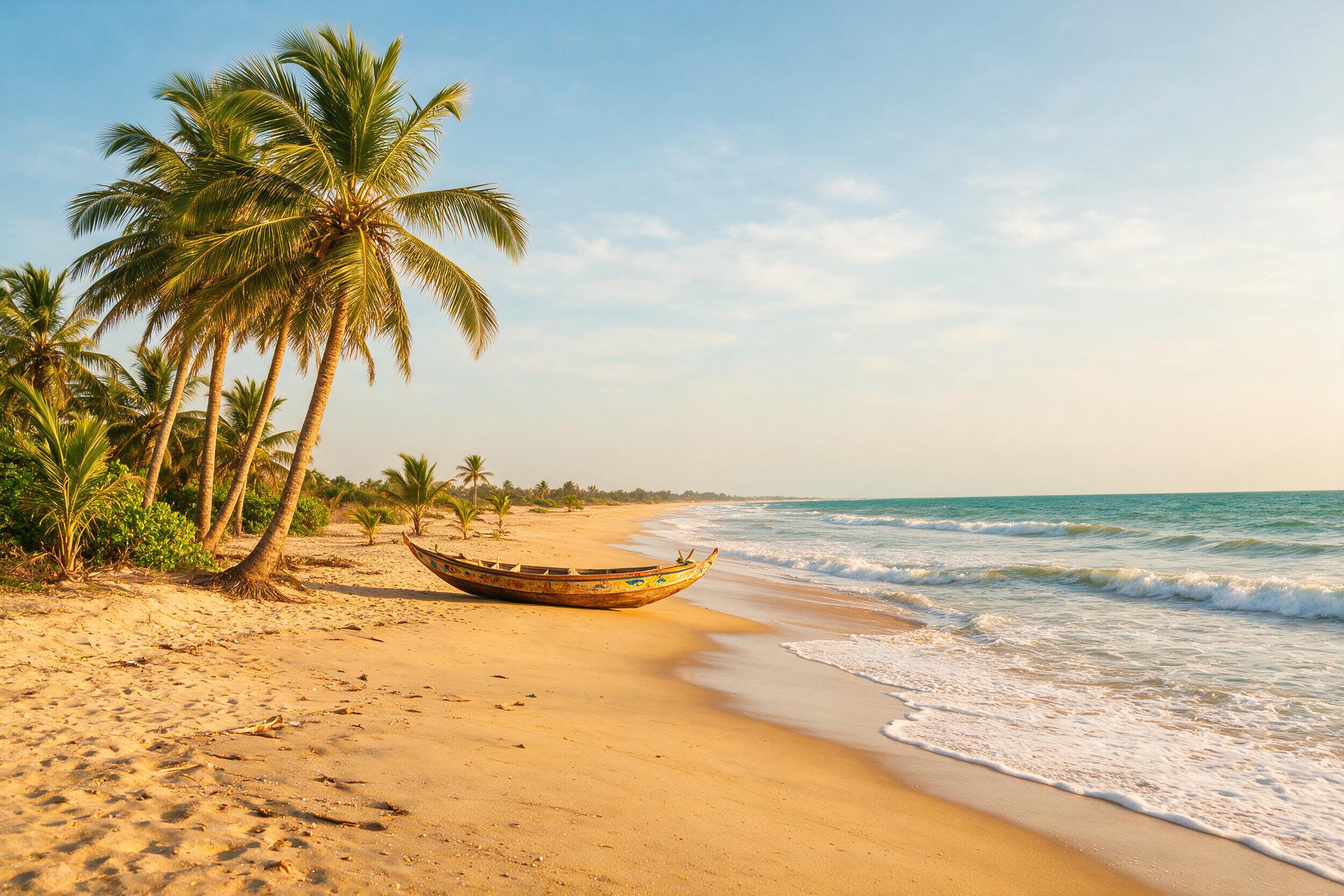 Wide, quiet stretch of golden sand at Sanyang Beach on The Gambia's Smiling Coast