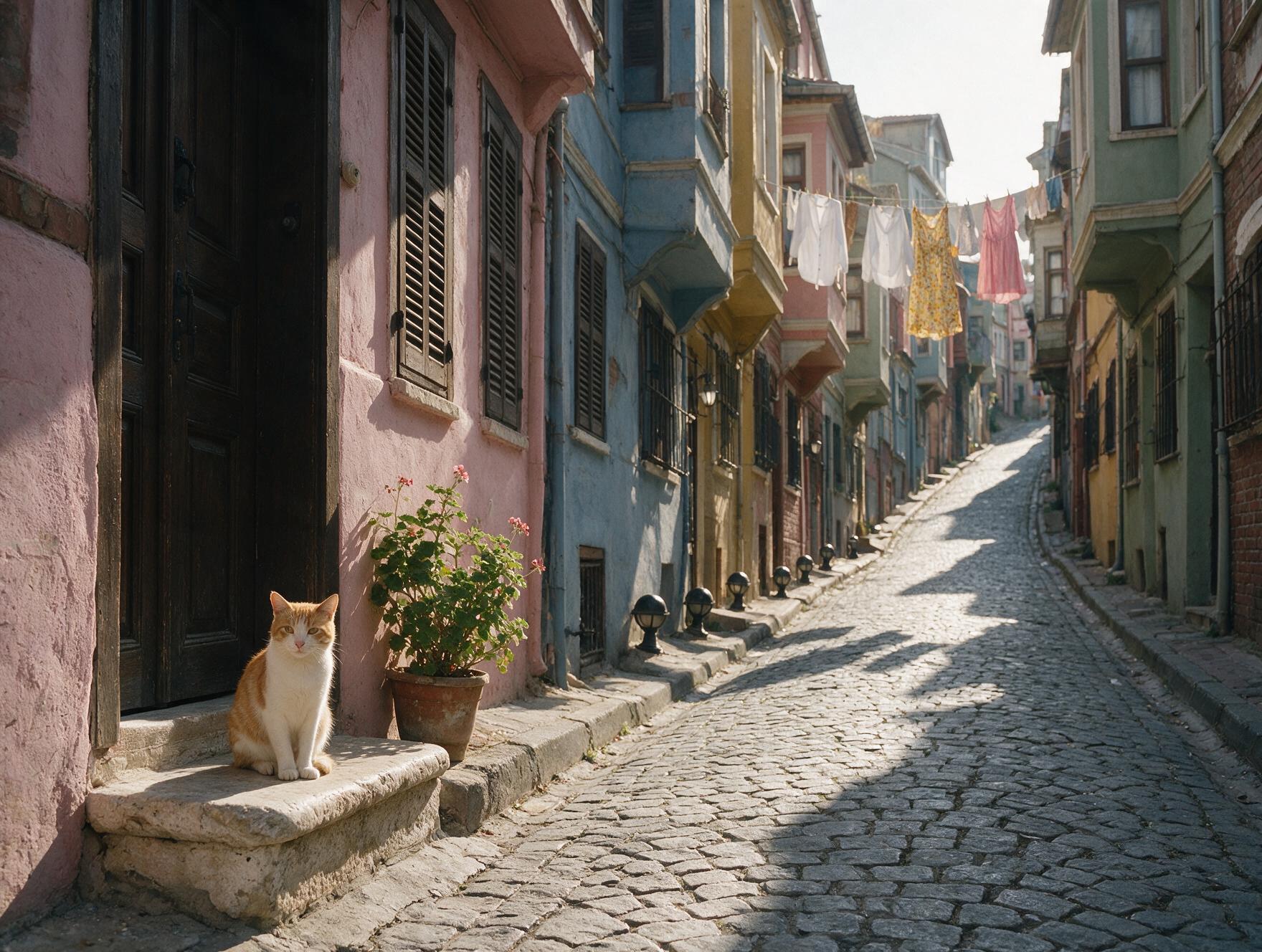 Colourful houses on a steep cobbled street in Balat, Istanbul