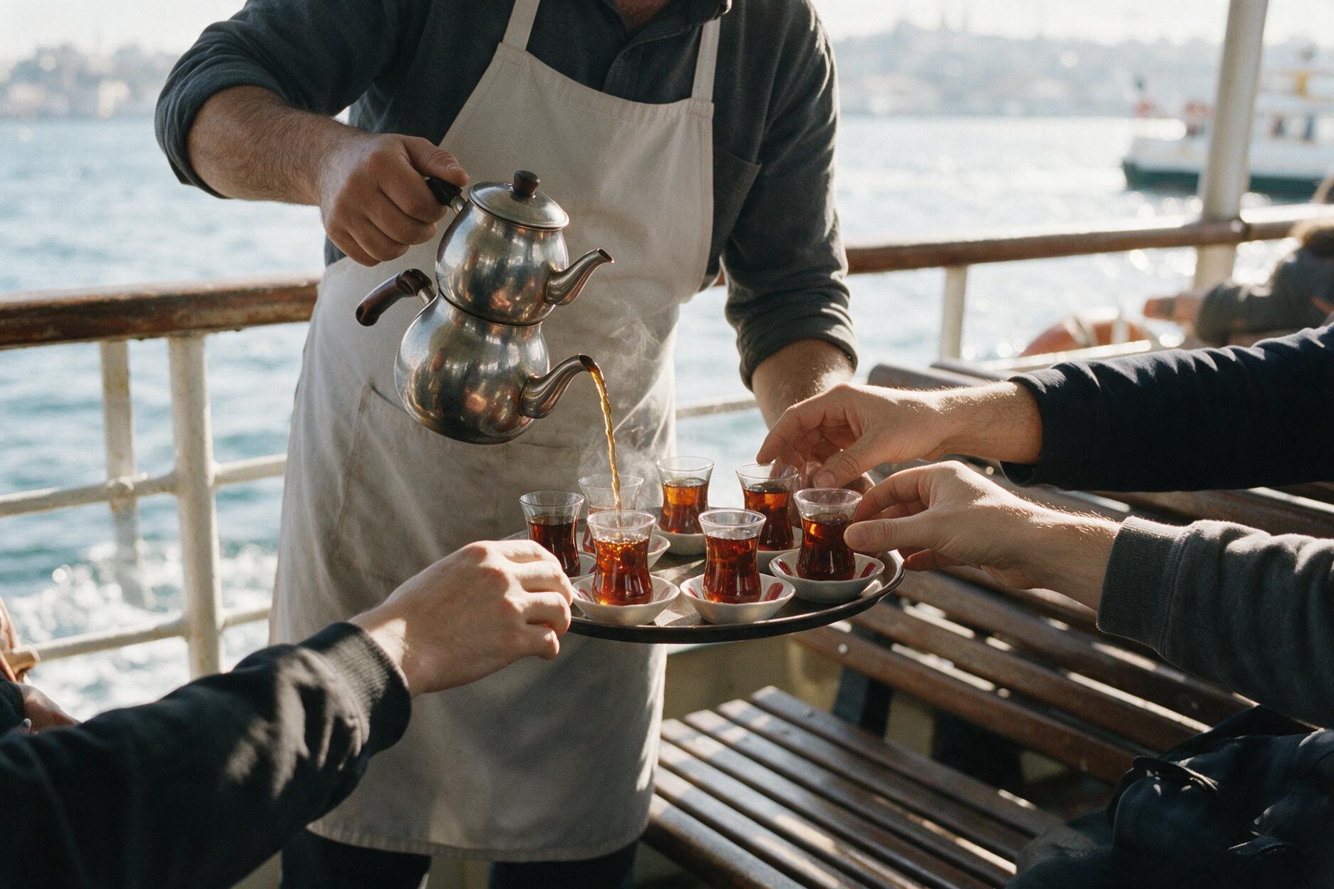 Tea vendor pouring Turkish tea on a Bosphorus ferry crossing in Istanbul