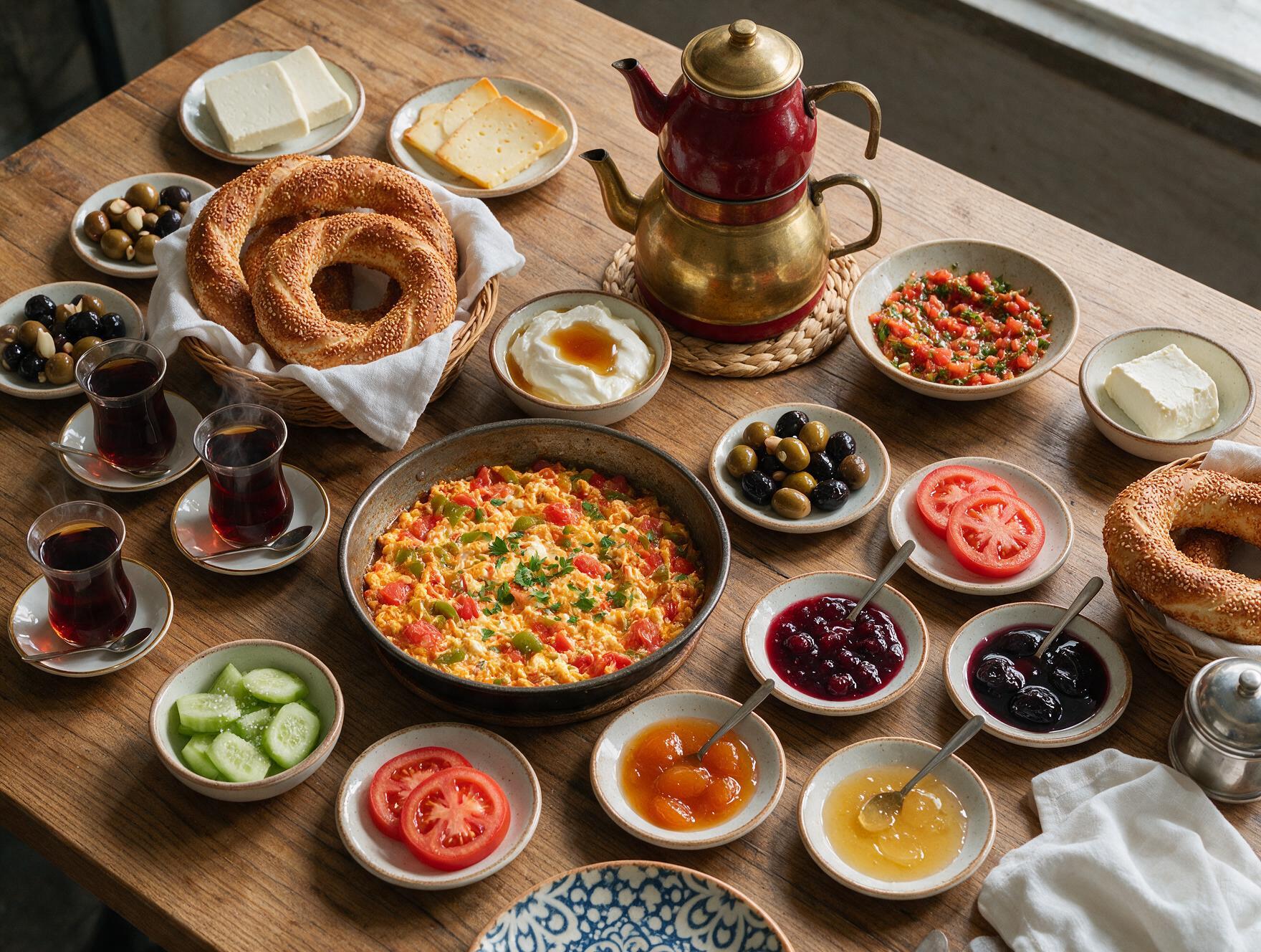 Traditional Turkish breakfast spread with cheese, olives, and tea in Kadıköy, Istanbul