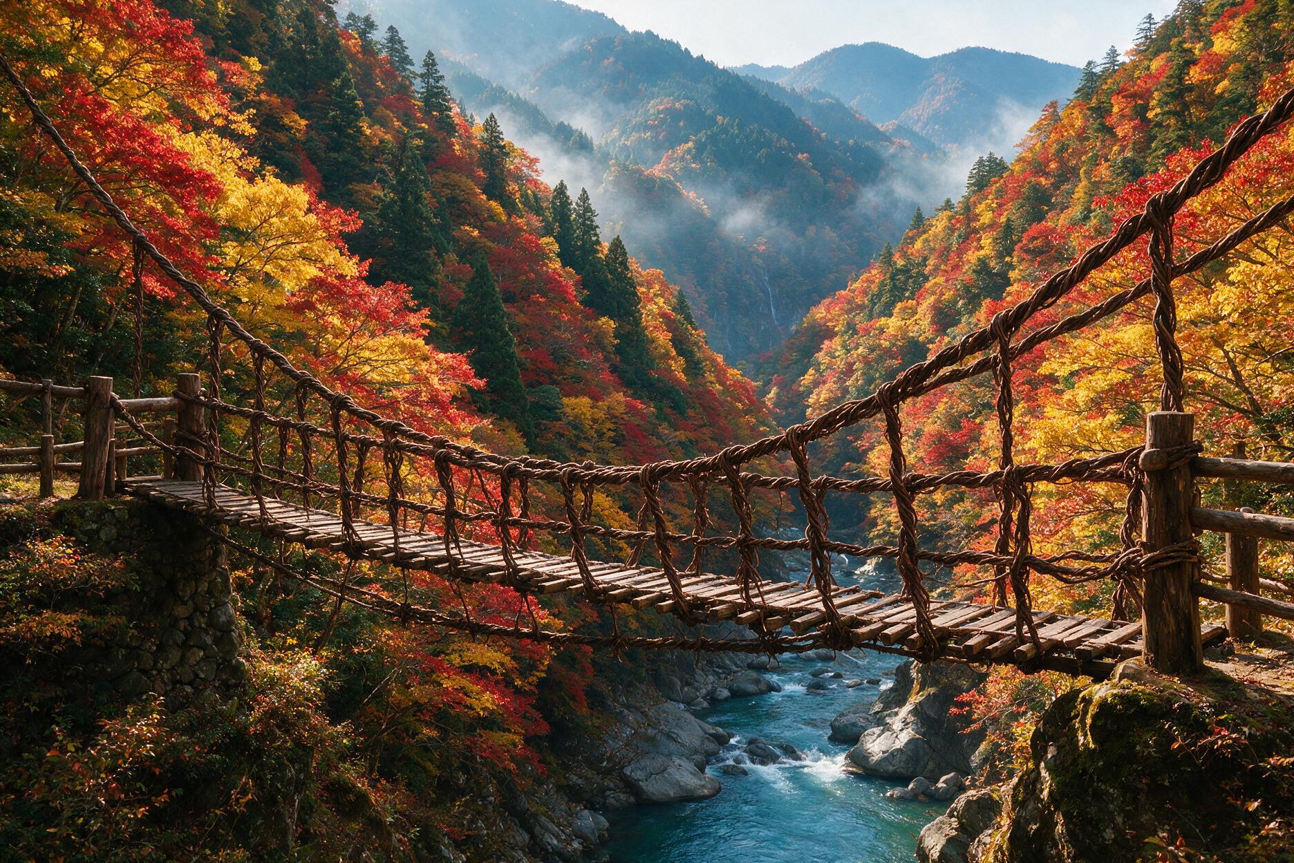 Traditional vine suspension bridge over a gorge in Iya Valley, Shikoku, with autumn foliage