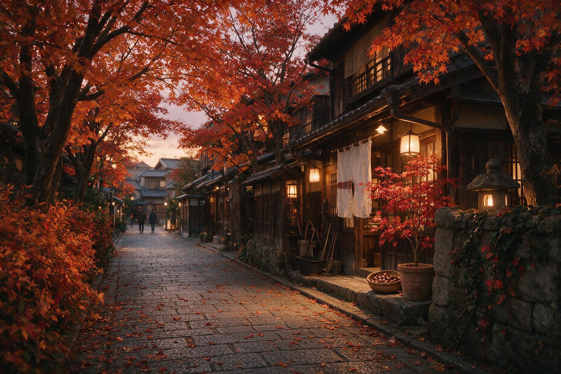 Tokyo neighborhood street at dusk in autumn