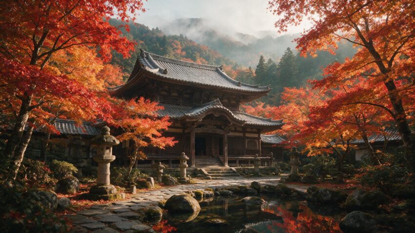Traditional Japanese temple surrounded by red and orange autumn maple trees