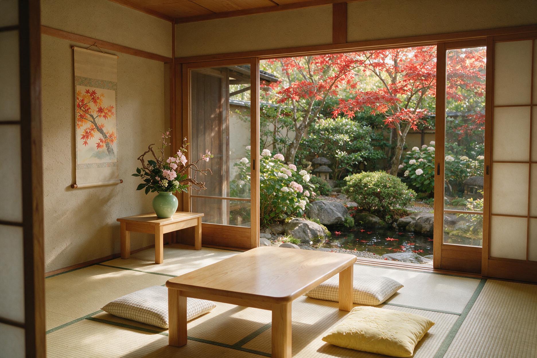 Traditional ryokan room with tatami mats and a view of red maple leaves in the garden, Kyoto Japan