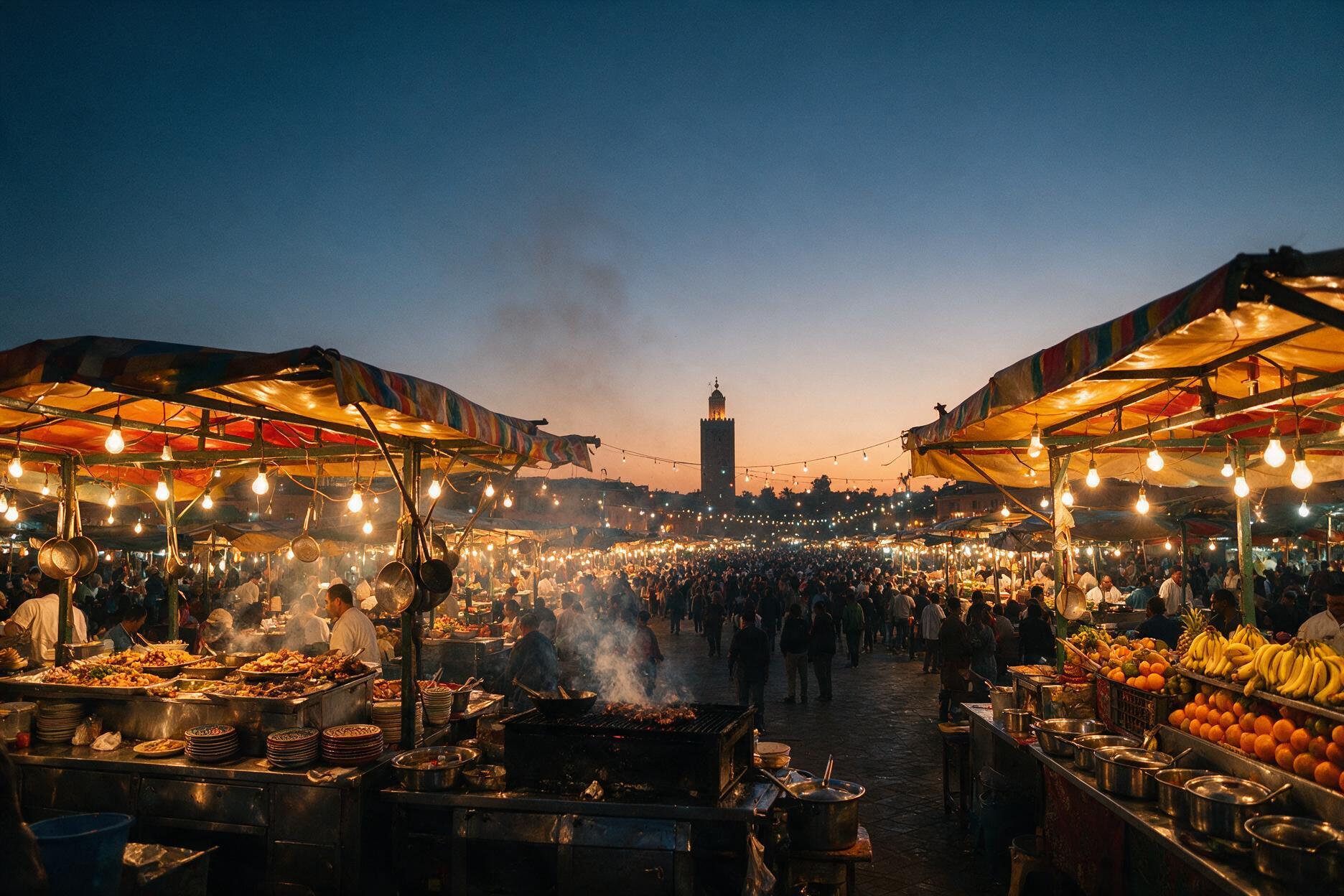 Food stalls filling Jemaa el-Fna square in Marrakech at dusk