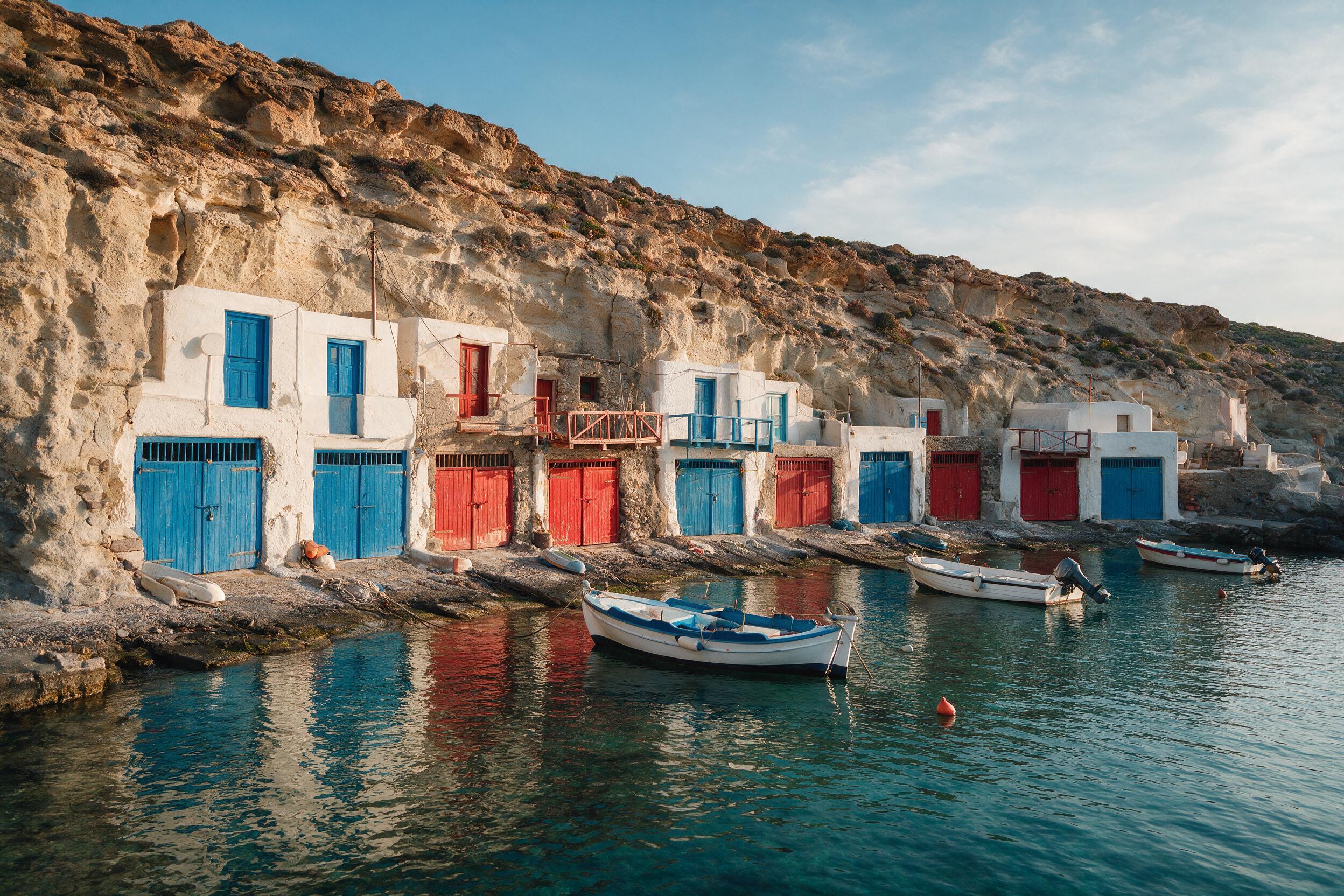 Colorful traditional fishing boathouses (syrmata) built into the cliff at Klima village, Milos