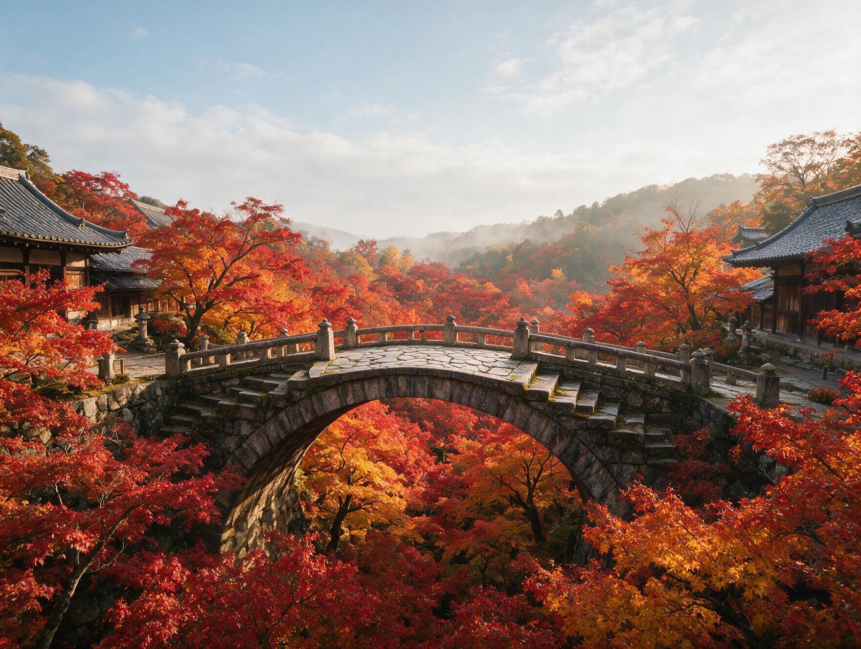 Stone bridge over a valley of red maple trees at a Kyoto temple during autumn foliage season