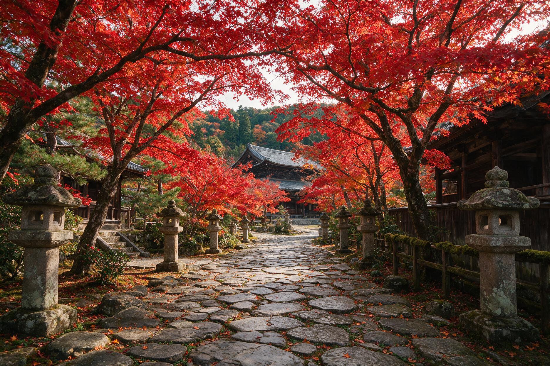 Quiet stone path through a Kyoto temple garden lined with maple trees