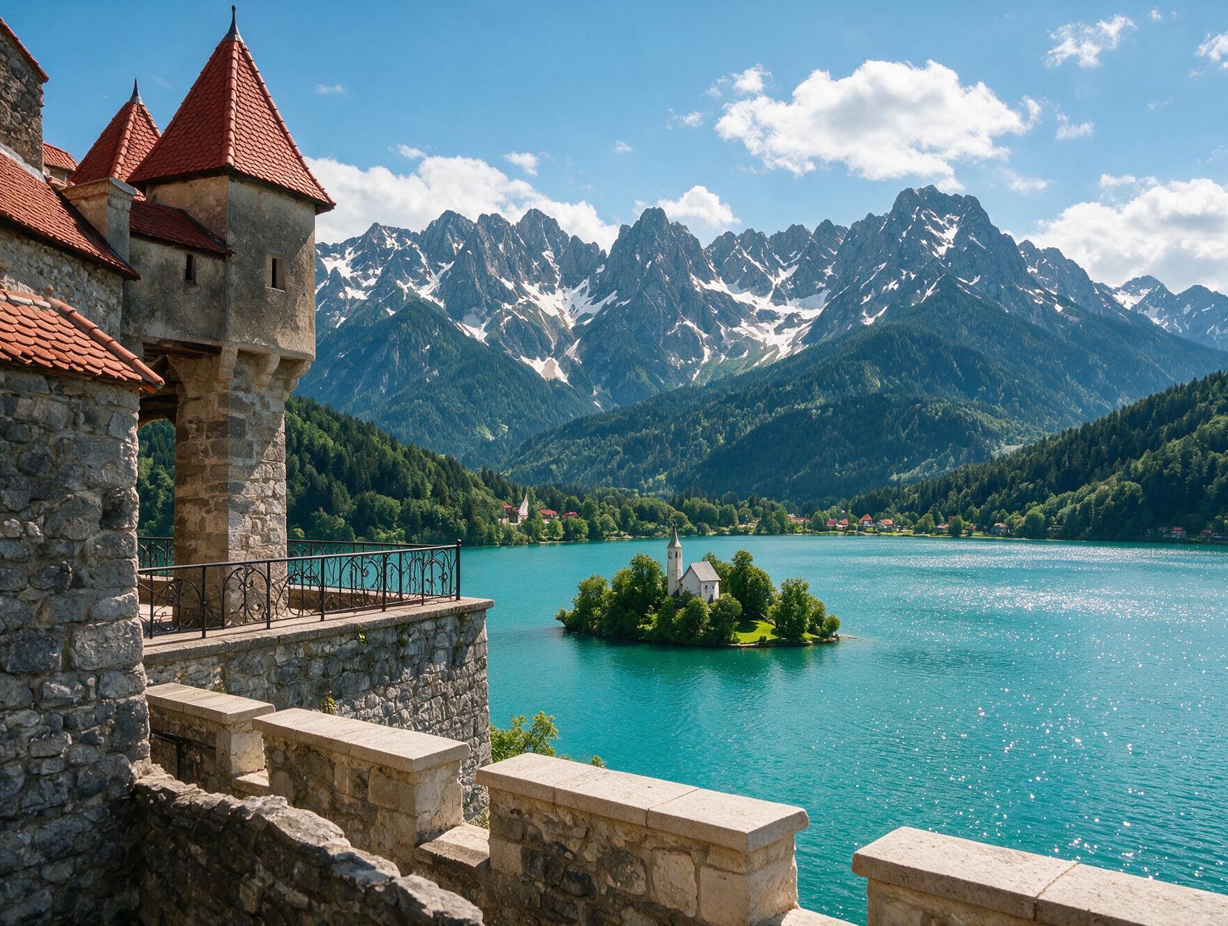 View from Bled Castle terrace overlooking the lake and island church