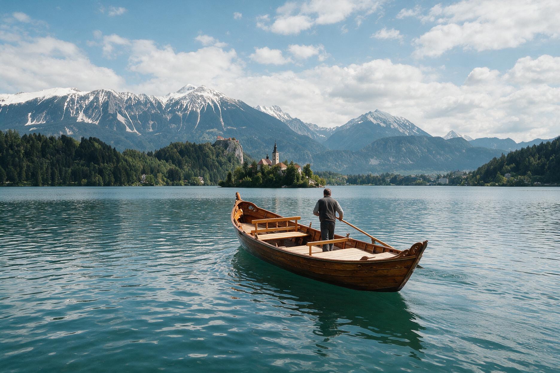 Traditional pletna wooden boat crossing Lake Bled toward the island church