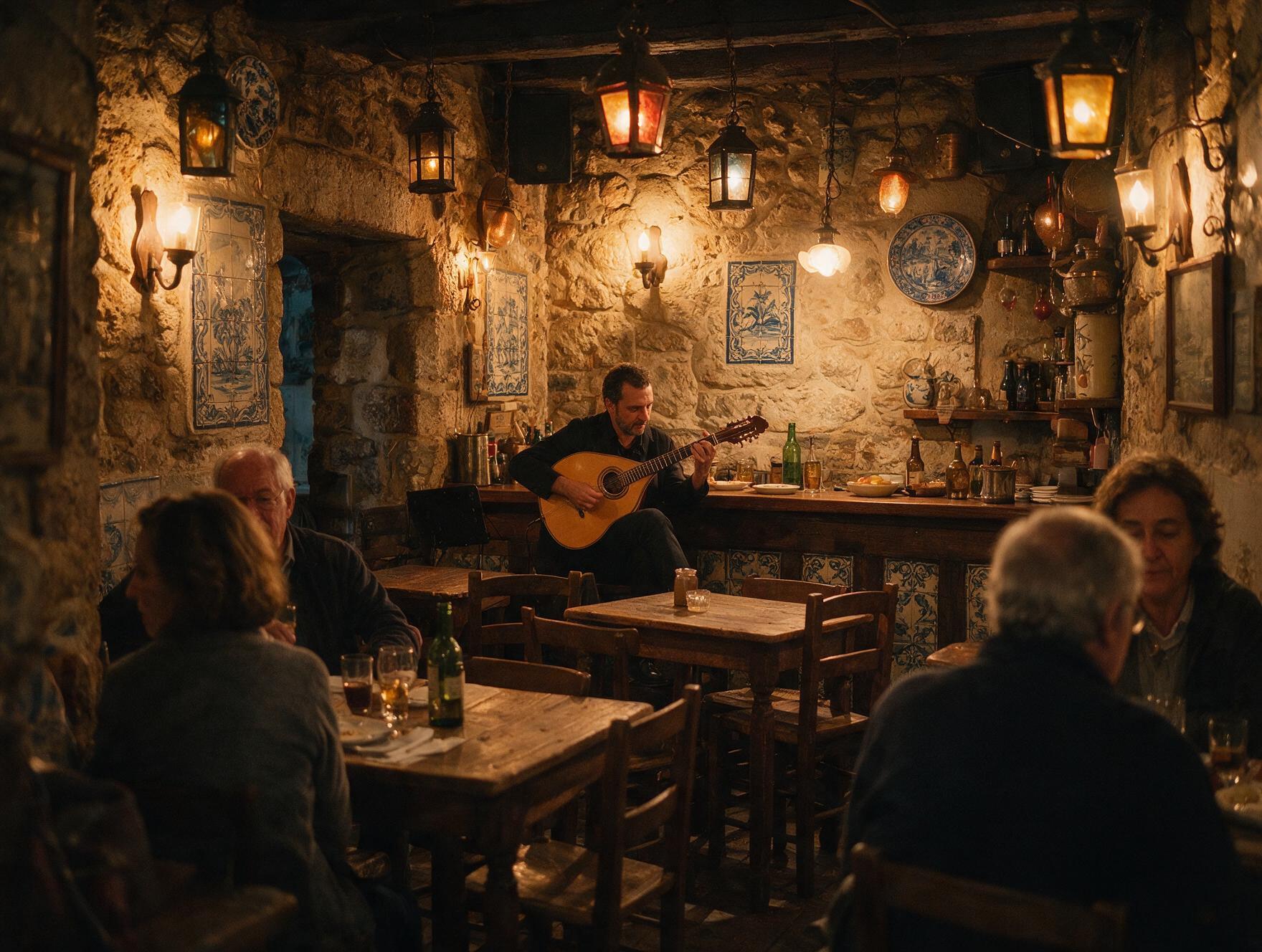 Intimate fado restaurant in Alfama Lisbon with a guitarist performing among azulejo-tiled walls