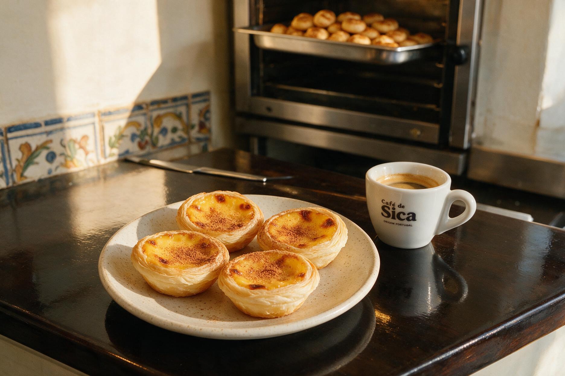 Pastel de nata custard tarts and a small bica coffee at a local Lisbon bakery counter