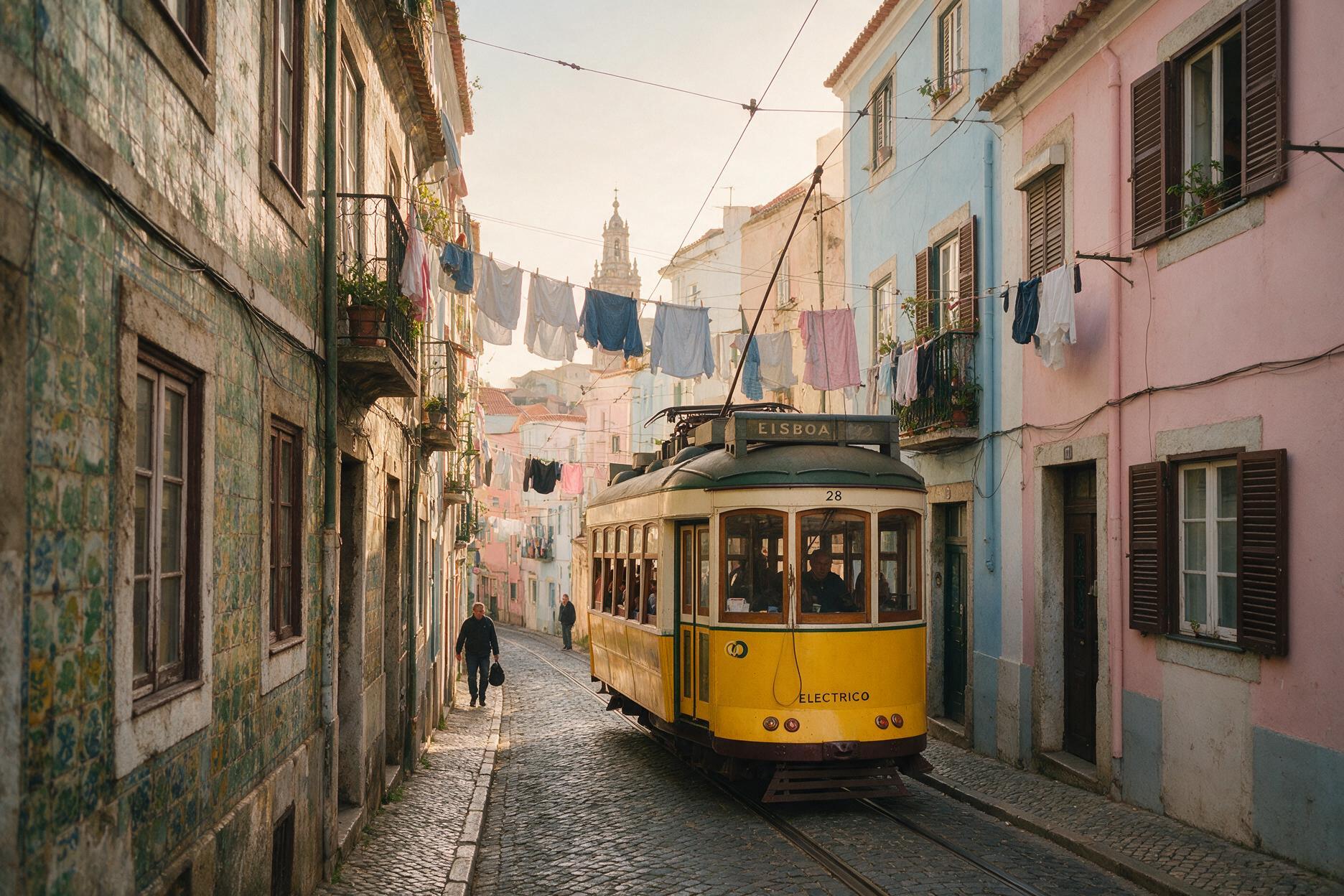 Vintage yellow Tram 28 passing through a narrow cobblestone alley in Alfama, Lisbon