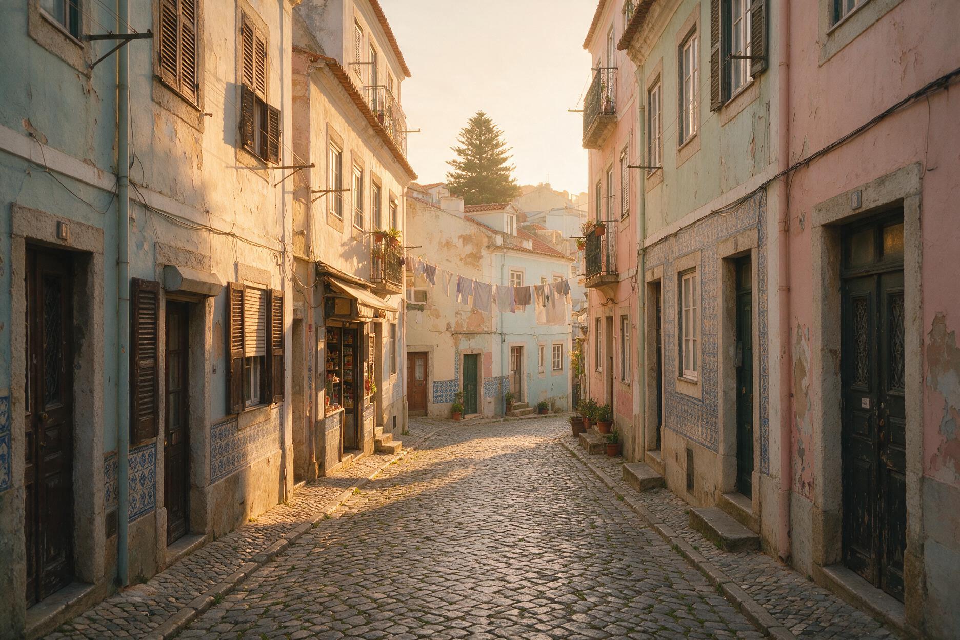 Empty narrow street in Alfama, Lisbon, at sunrise with tiled buildings and hanging laundry
