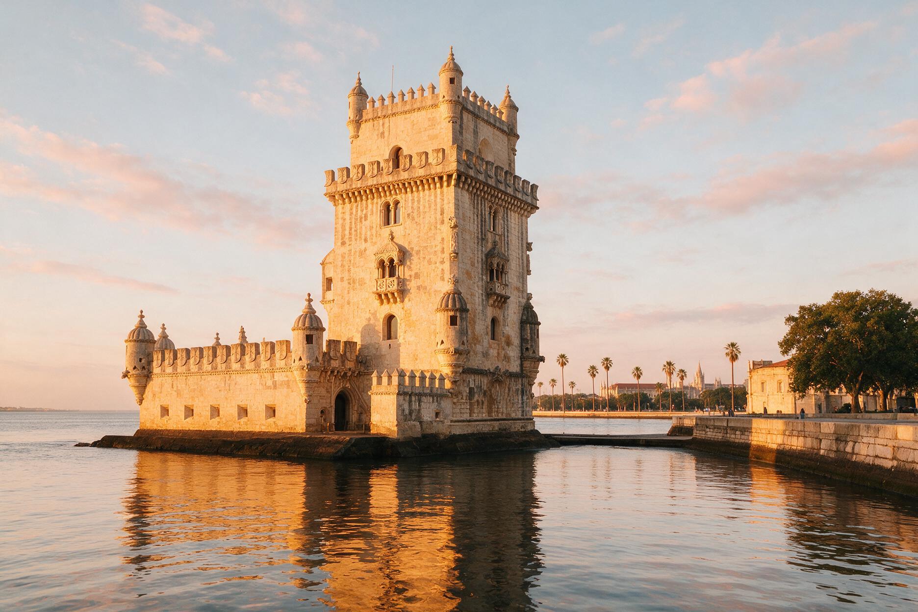 Belem Tower on the Tagus River at golden hour in Lisbon, Portugal