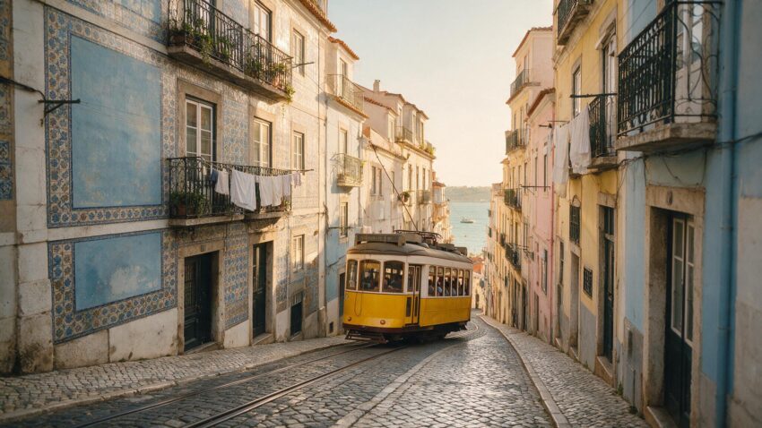 Yellow Tram 28 climbing a narrow tiled street in Alfama, Lisbon, at golden hour