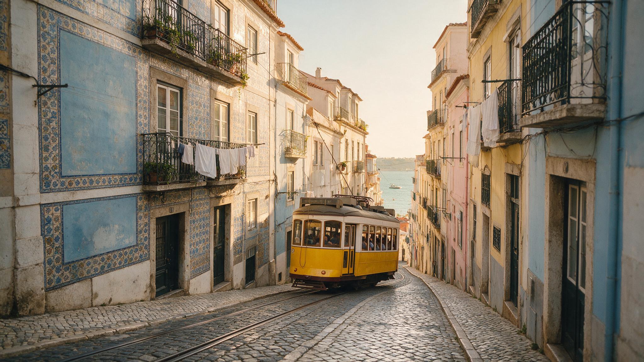 Yellow Tram 28 climbing a narrow tiled street in Alfama, Lisbon, at golden hour