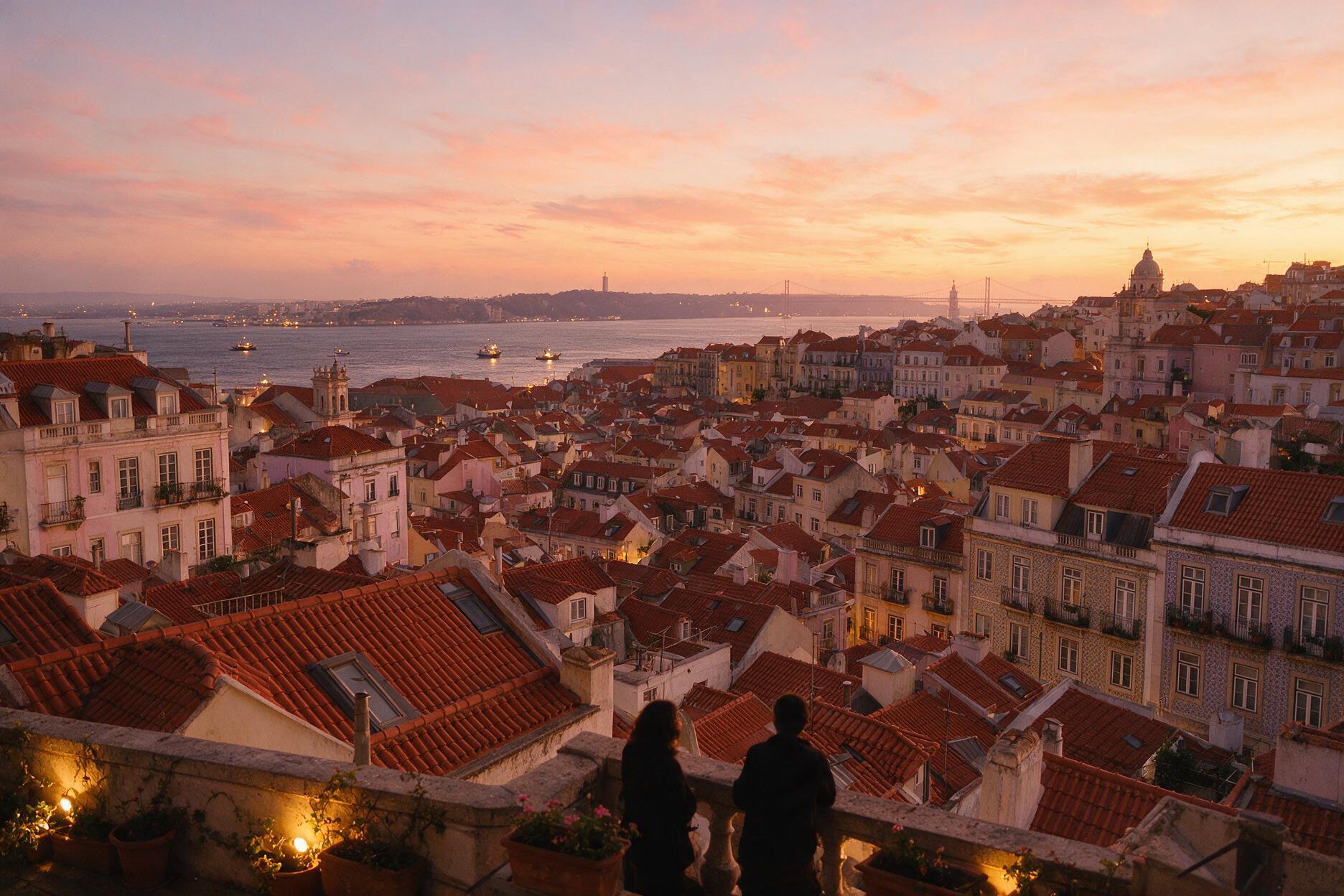 Golden hour view over Lisbon's terracotta rooftops from a hilltop miradouro