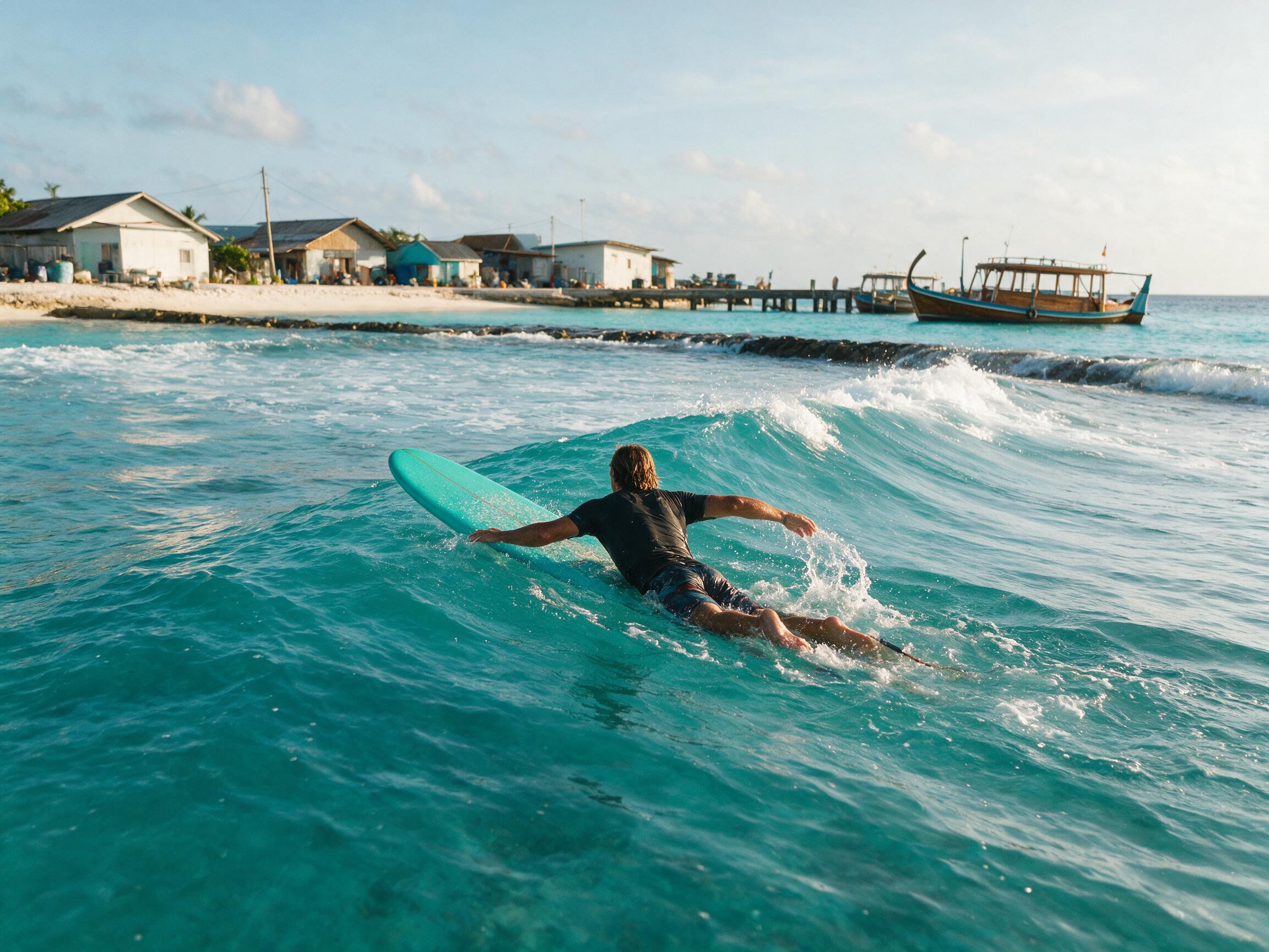 Surfer paddling out at Coke's, the reef break near Thulusdhoo local island in the Maldives