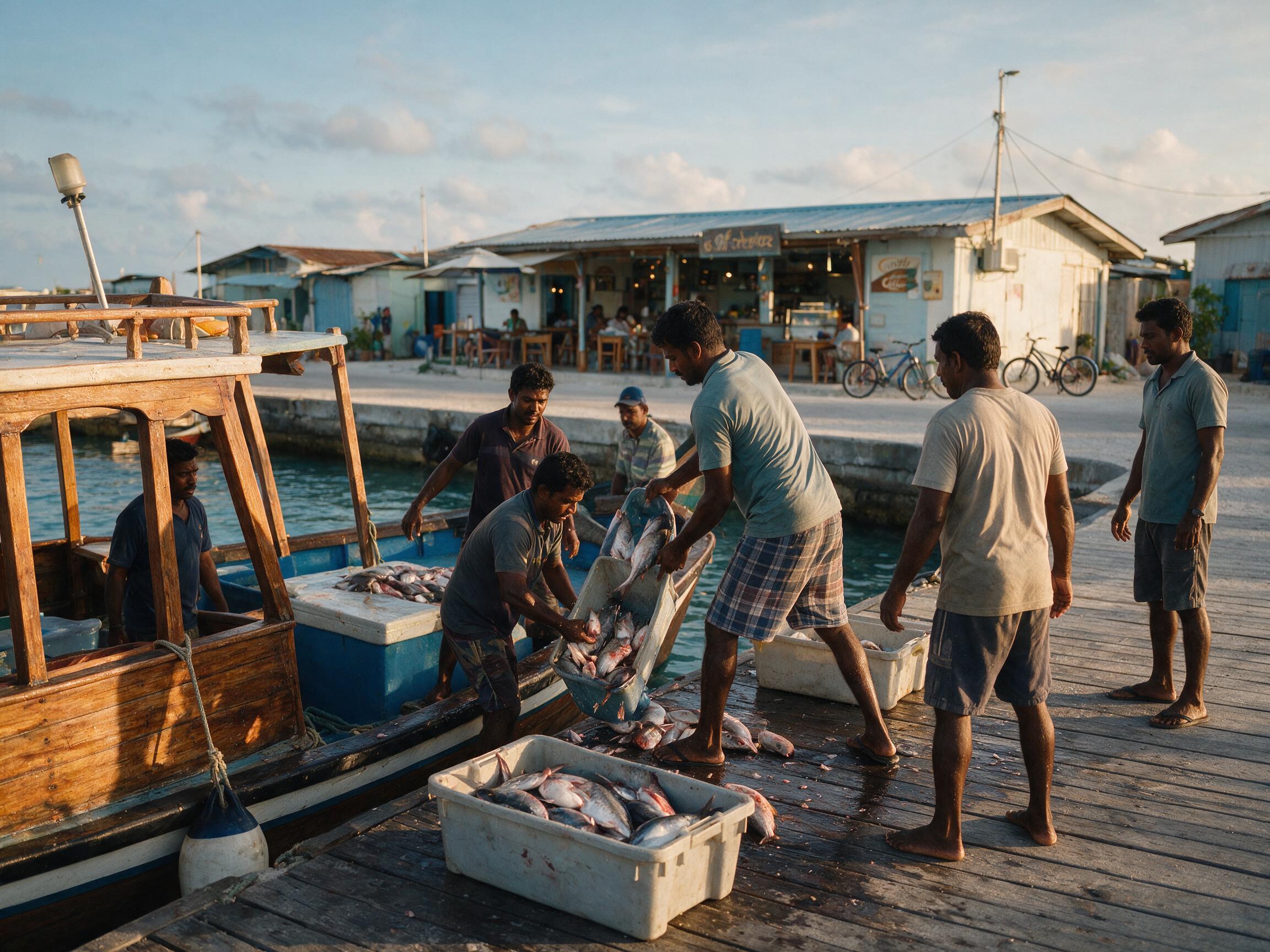 Local fish market and harbor on Dharavandhoo island, the gateway to Hanifaru Bay in Baa Atoll